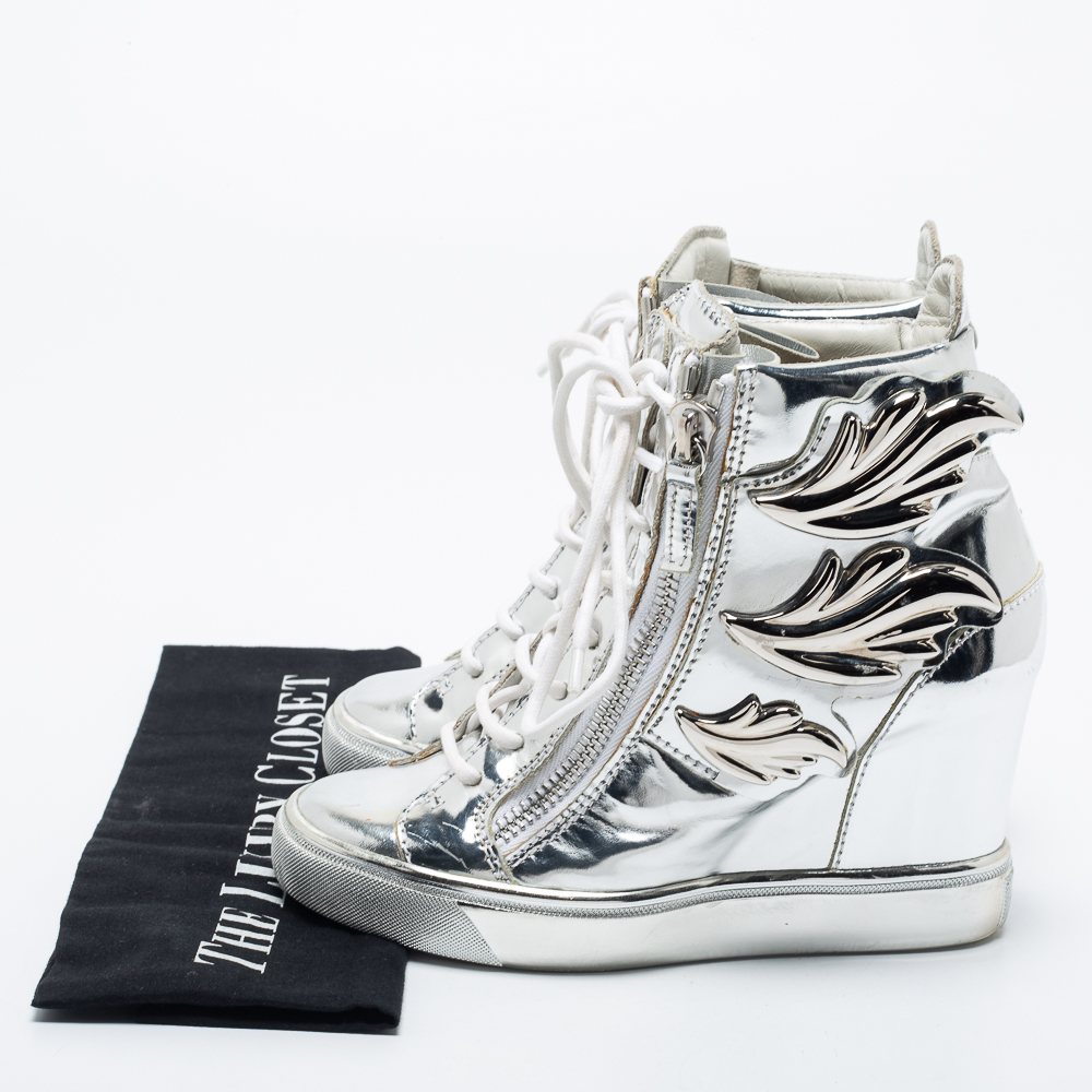 Giuseppe Zanotti Silver Patent Leather Wedge Sneakers Size 35