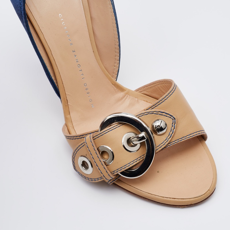 Giuseppe Zanotti Blue/Beige Satin And Leather Buckle Side Sandals Size 37