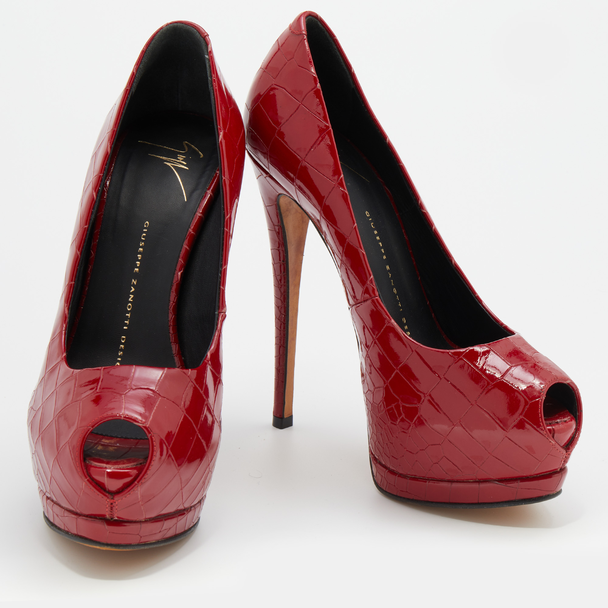 Giuseppe Zanotti Red Croc Embossed Patent Leather Peep Toe Platform Pumps Size 37