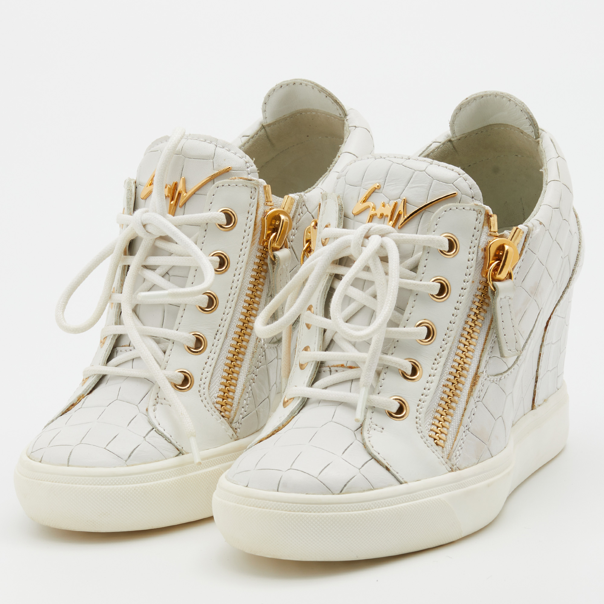 Giuseppe Zanotti White Croc Embossed Leather Wedge Sneakers Size 37.5