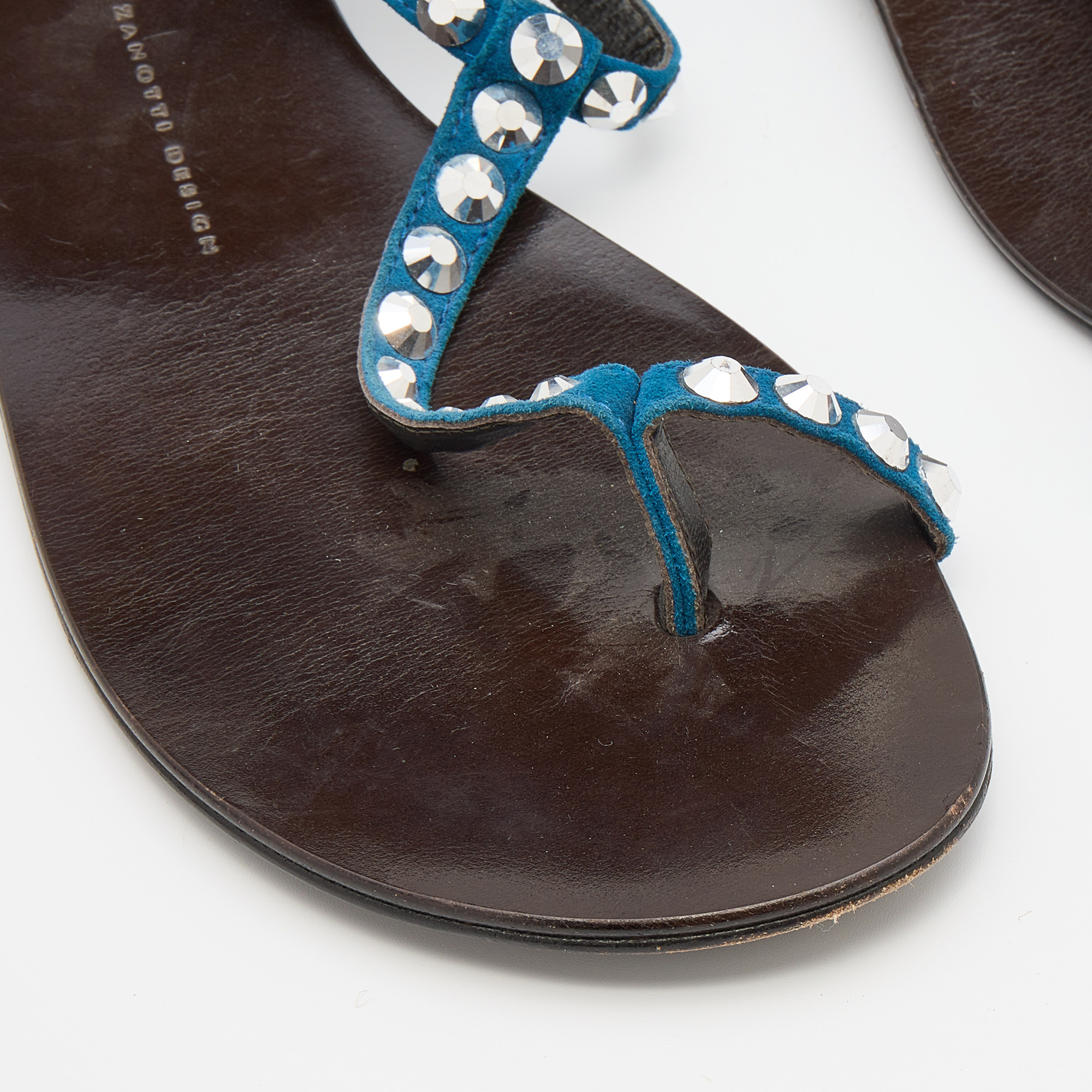 Giuseppe Zanotti Blue Suede Crystal Embellished Thong Flats Size 40.5