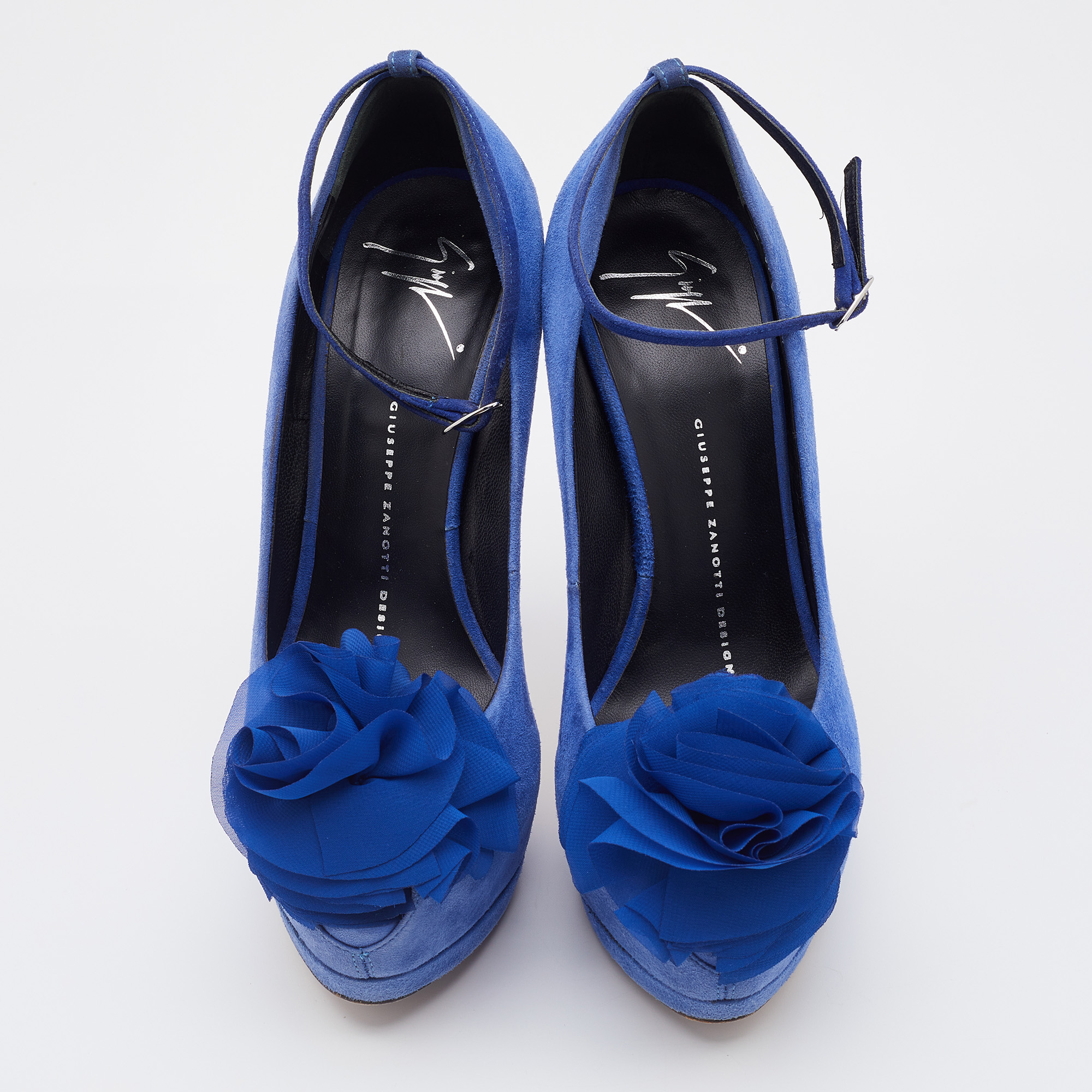 Giuseppe Zanotti Blue Suede Flower Applique Peep Toe Platform Ankle Strap Pumps Size 37
