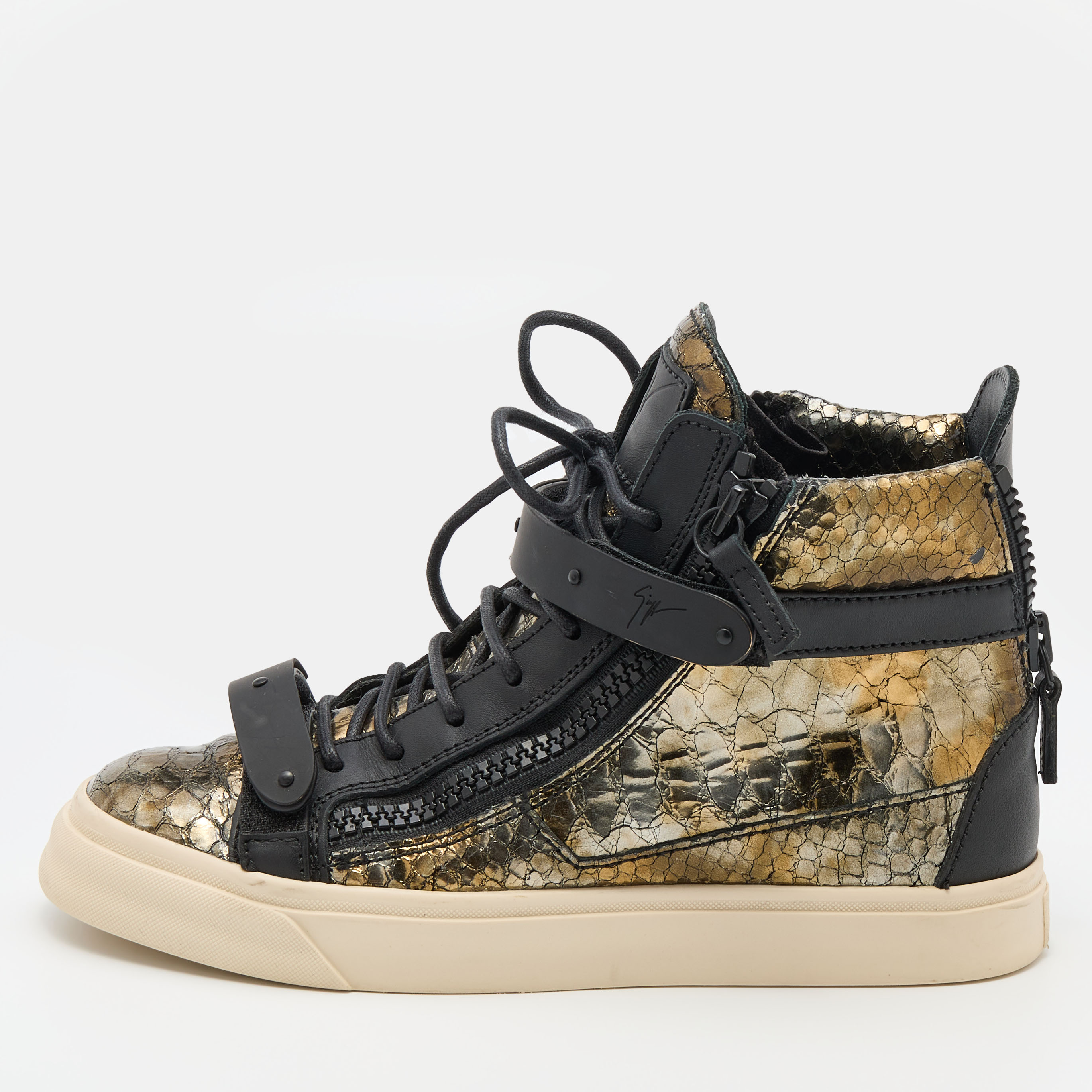 Giuseppe zanotti gold/black python embossed leather coby high top sneakers size 37