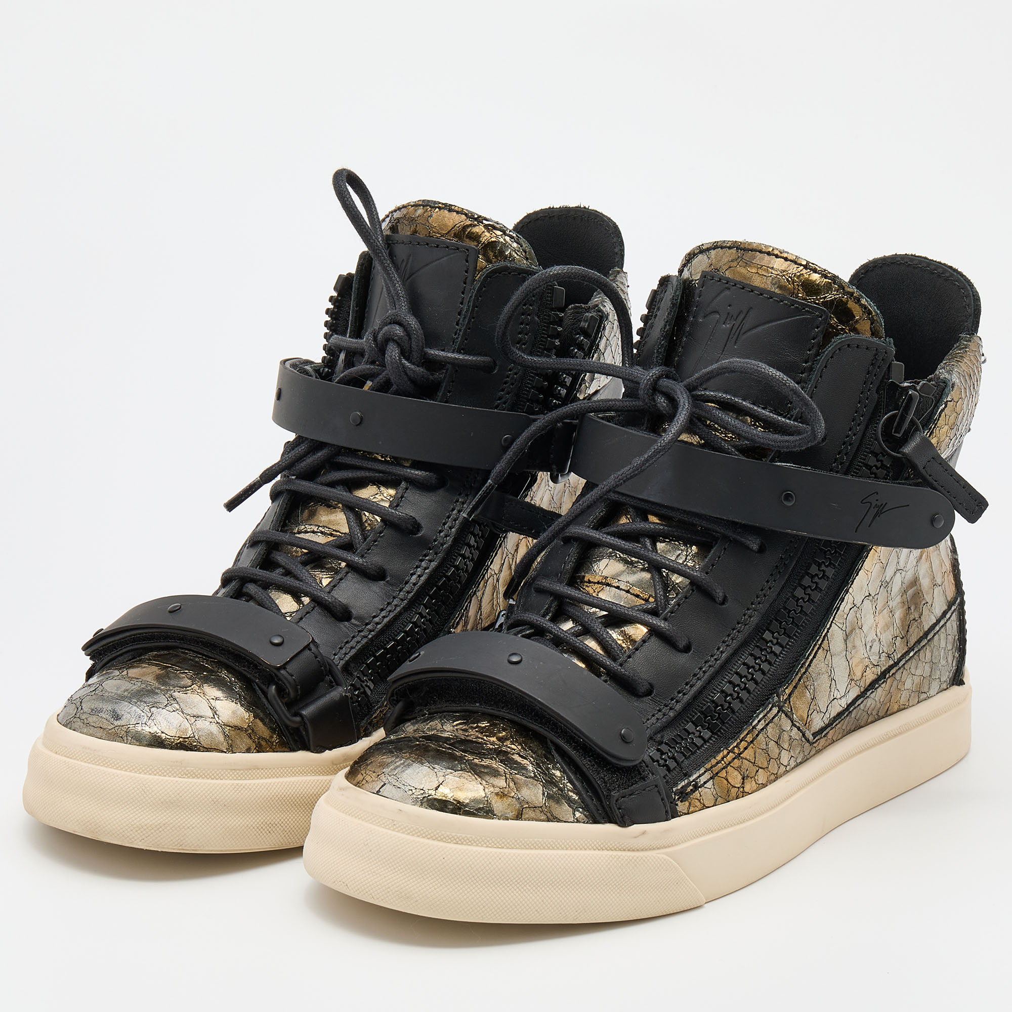 Giuseppe Zanotti Gold/Black Python Embossed Leather Coby High Top Sneakers Size 37