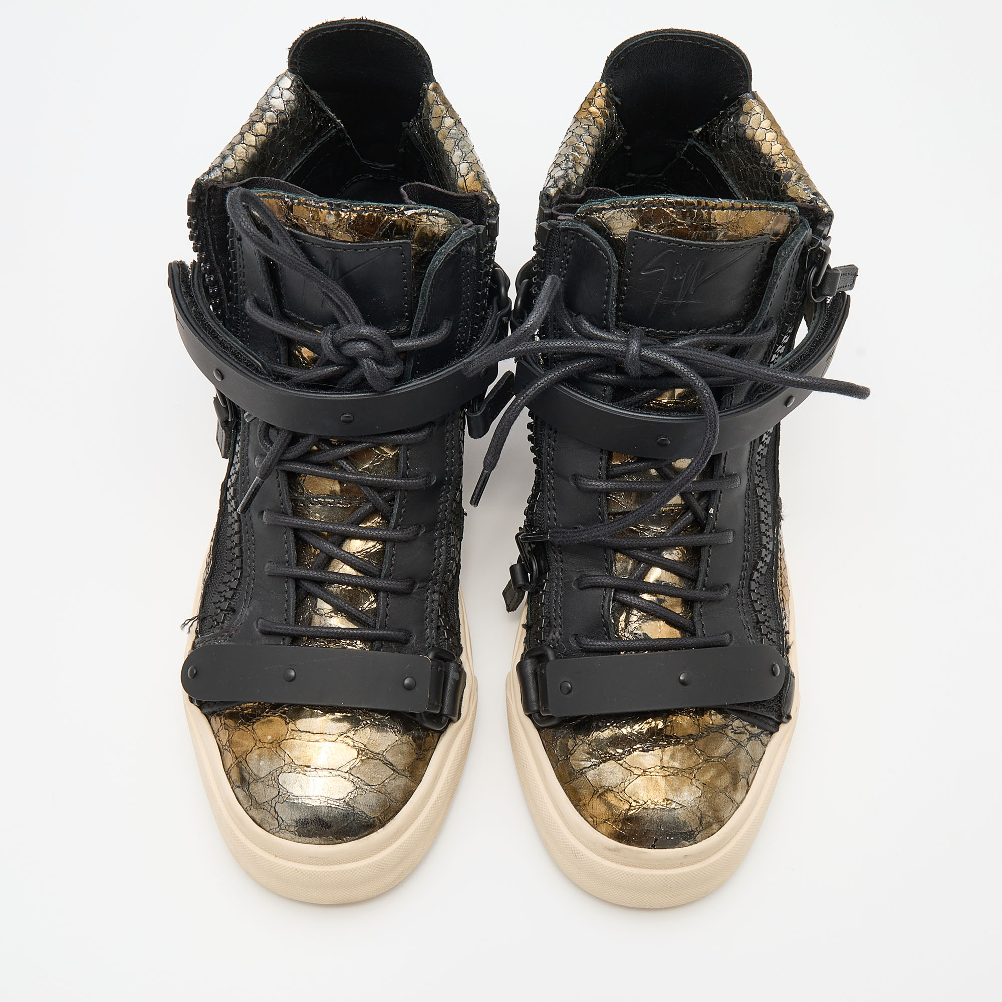 Giuseppe Zanotti Gold/Black Python Embossed Leather Coby High Top Sneakers Size 37
