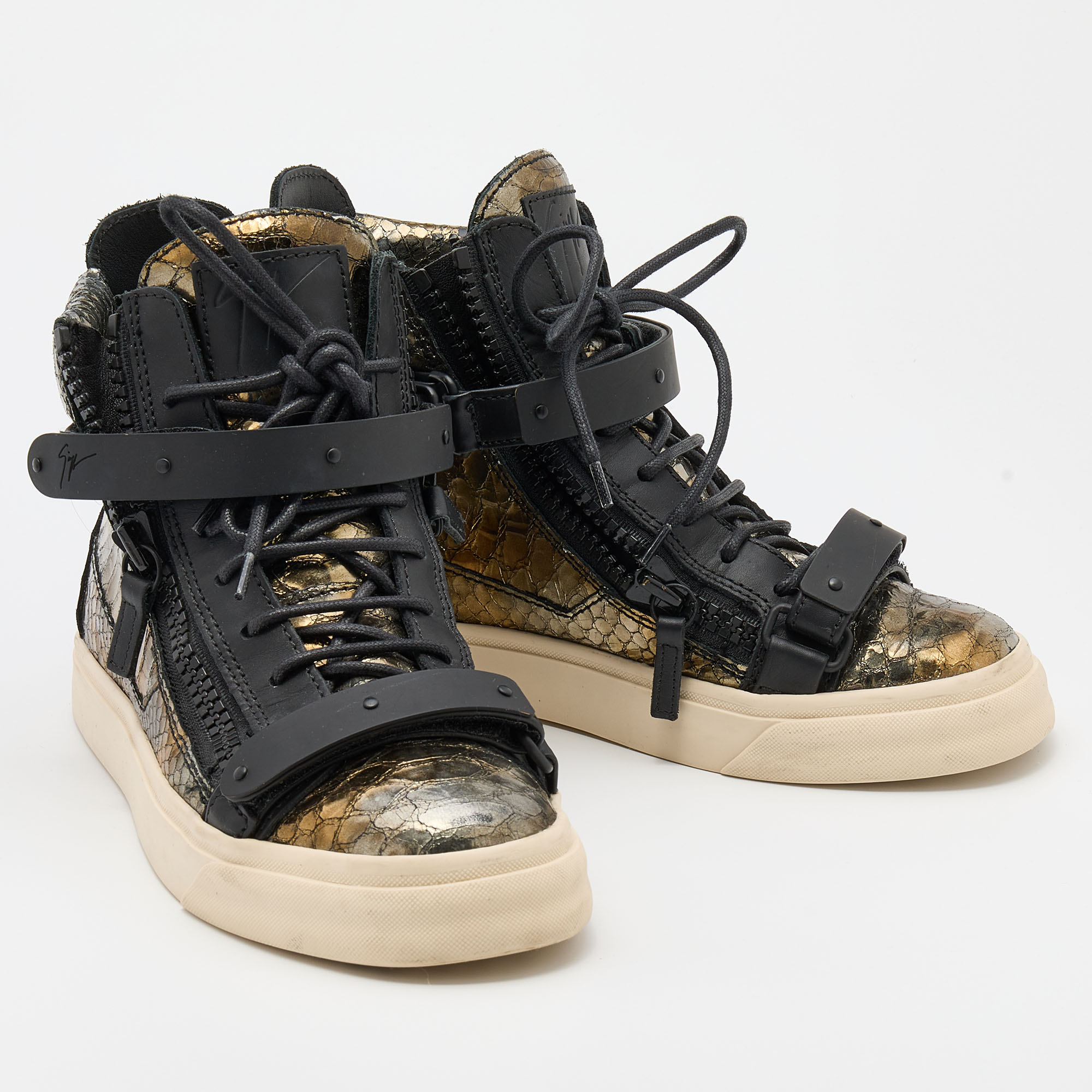 Giuseppe Zanotti Gold/Black Python Embossed Leather Coby High Top Sneakers Size 37