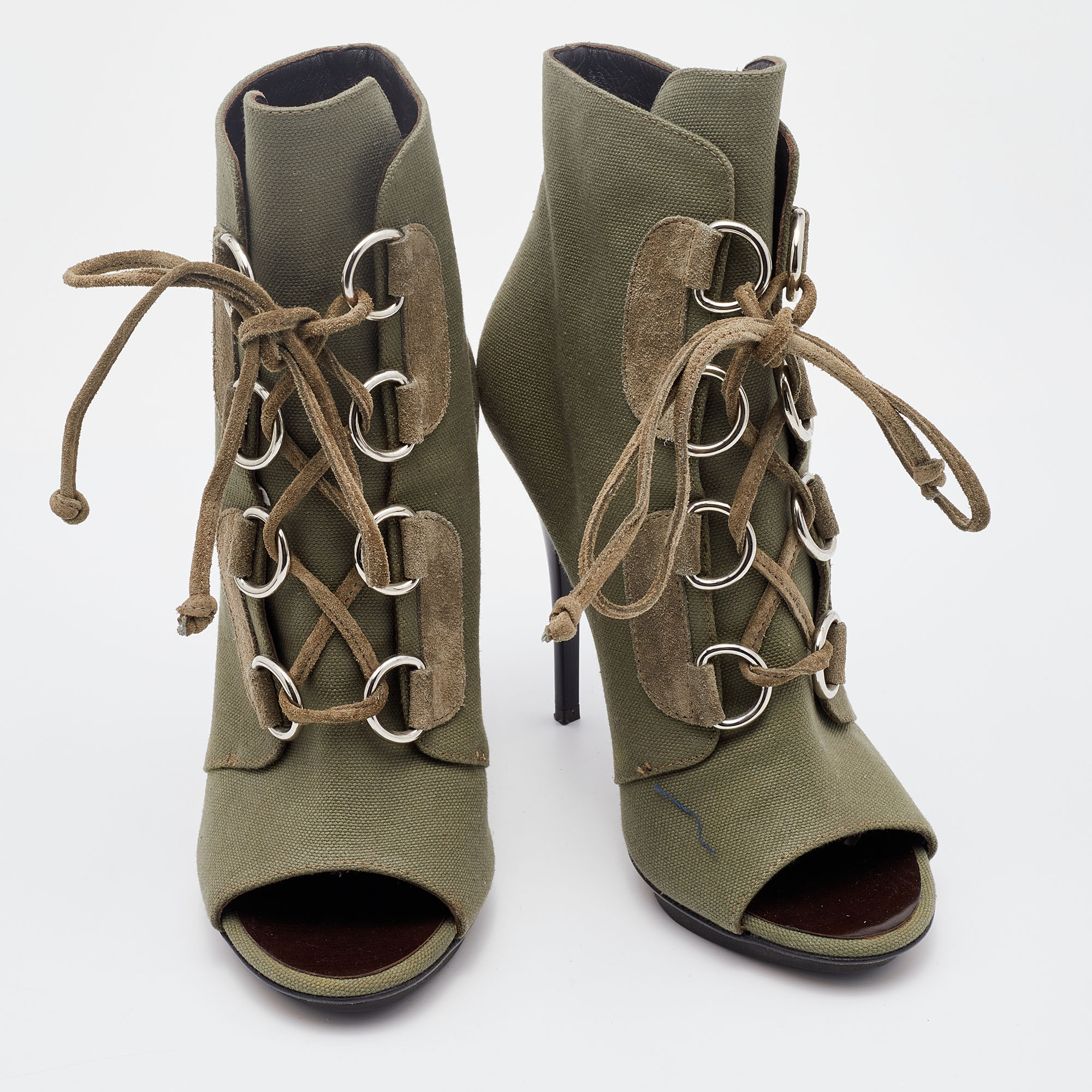 Giuseppe Zanotti Olive Green Canvas And Suede Lace Up Booties Size 37
