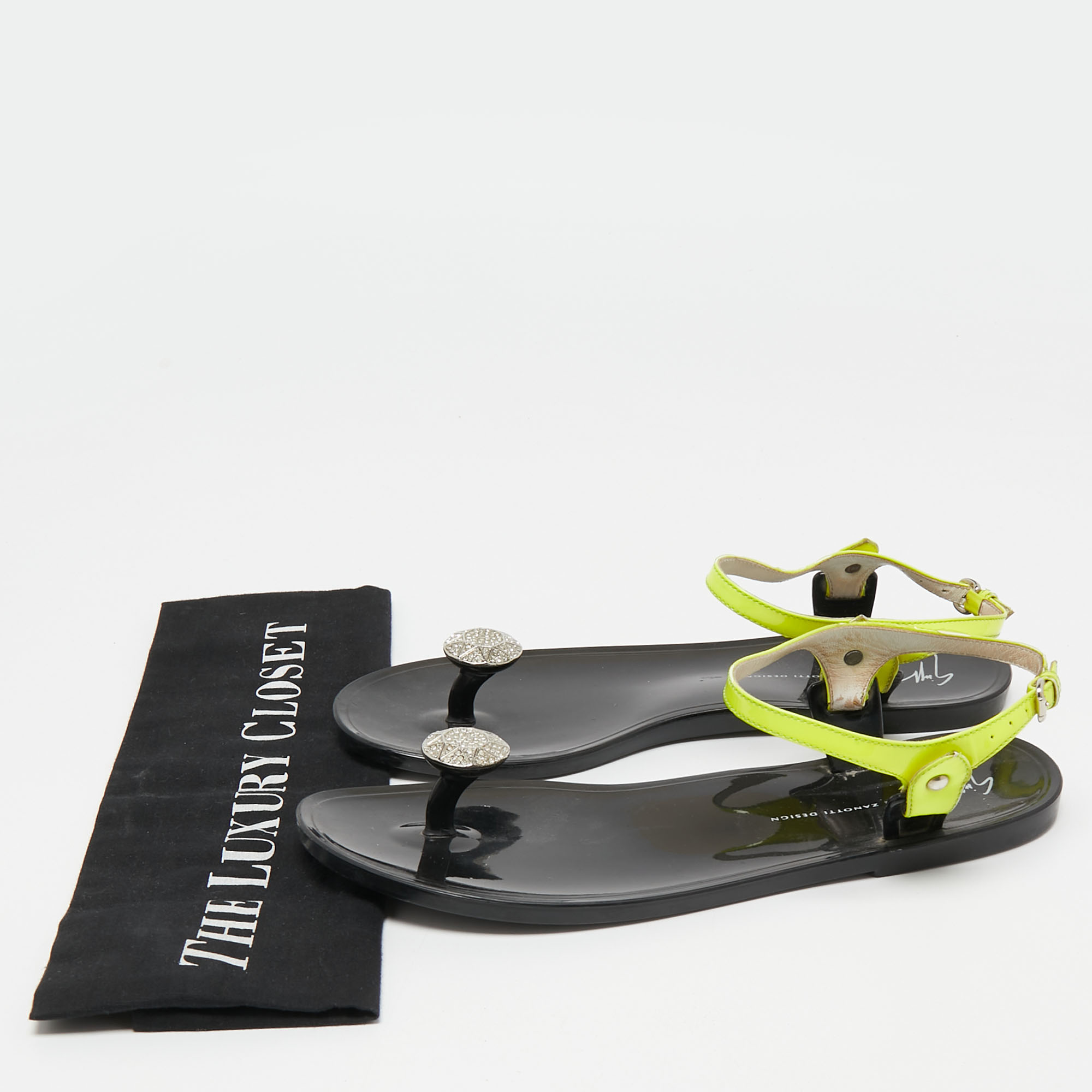 Giuseppe Zanotti Neon Yellow Patent Leather Crystal Embellished Toe Ring Ankle Strap Sandals Size 38