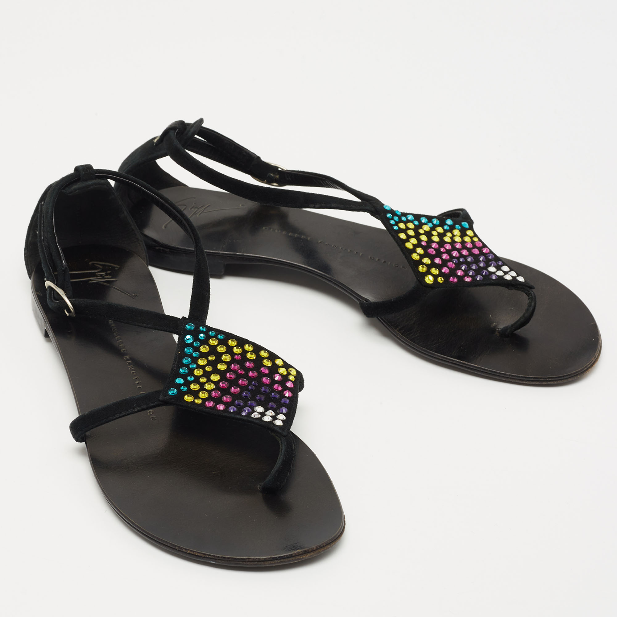 Giuseppe Zanotti Black Suede Crystal Embellished Thong Flat Sandals Size 36