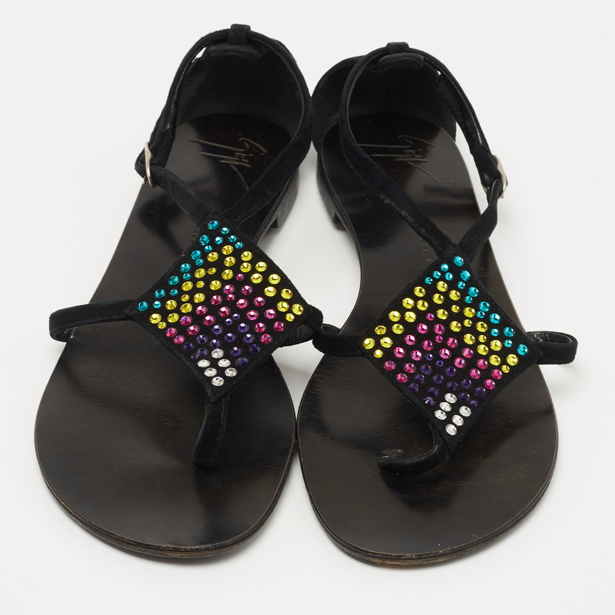 Giuseppe Zanotti Black Suede Crystal Embellished Thong Flat Sandals Size 36