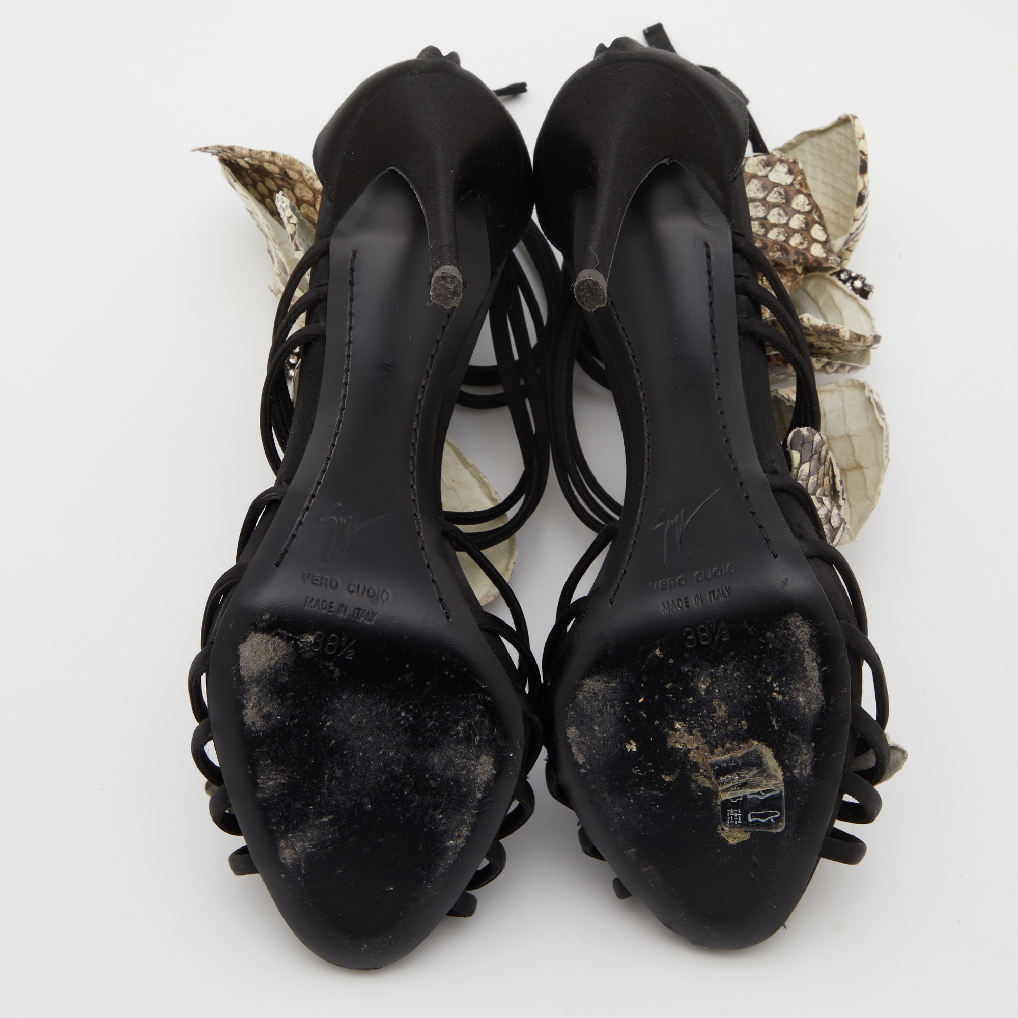 Giuseppe Zanotti Black/Beige Satin And Python Leather Flower Applique Ankle Strap Sandals Size 38.5