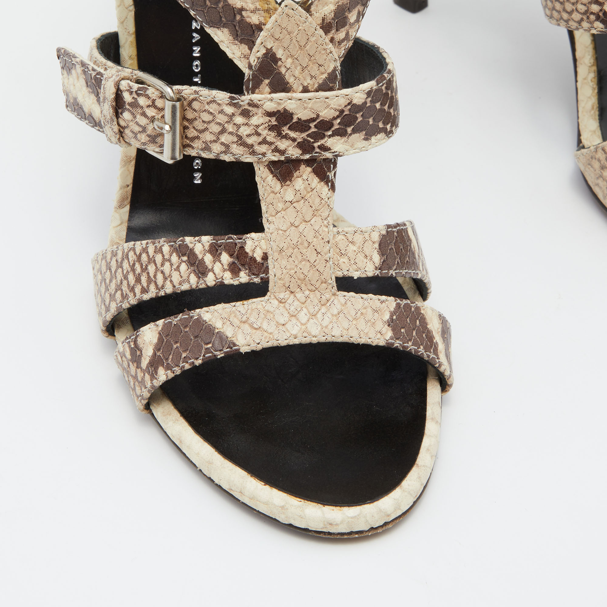 Giuseppe Zanotti Off White/Brown Python Embossed Leather Strappy Sandals Size 38