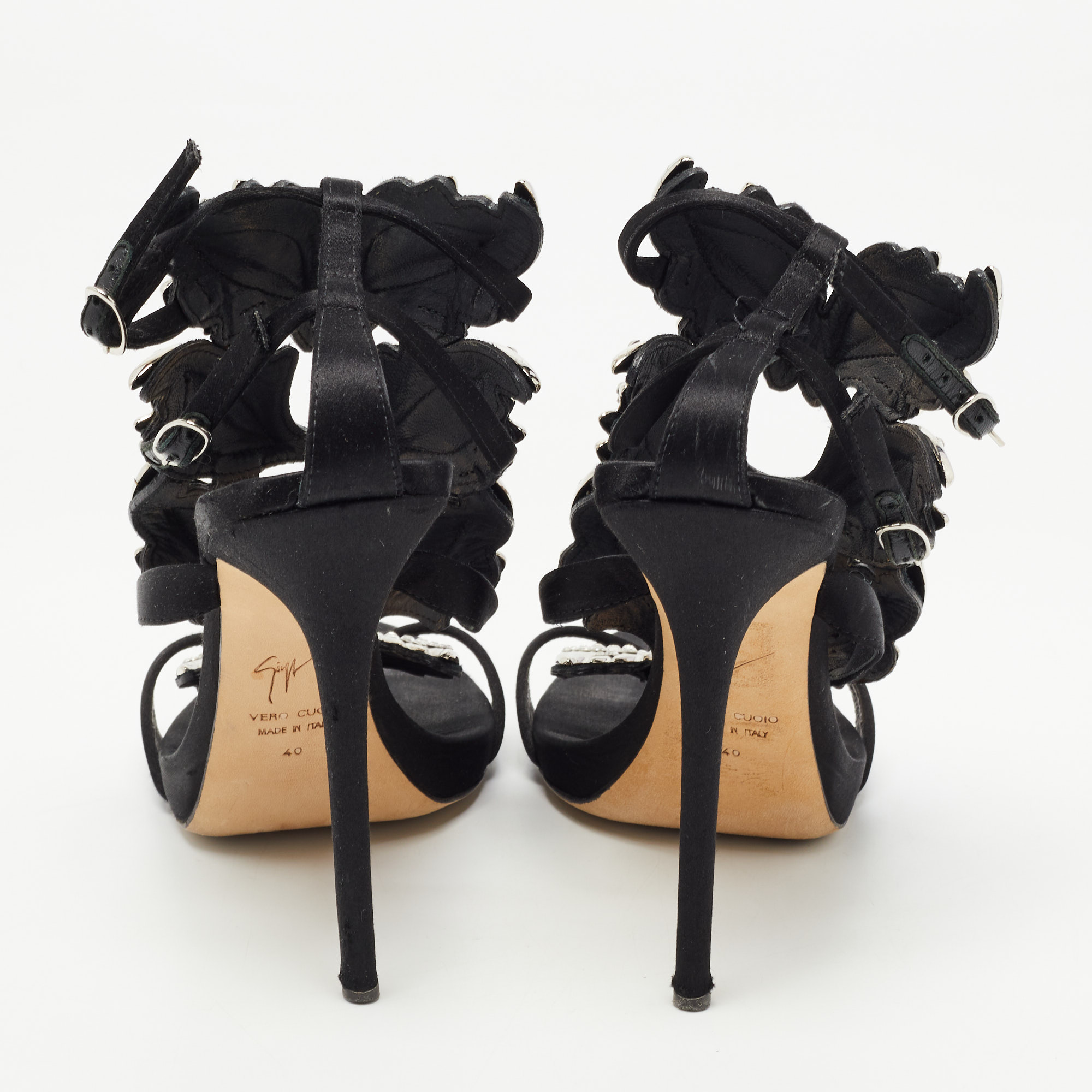 Giuseppe Zanotti Black Satin Wing Jeweled Sandals Size 40