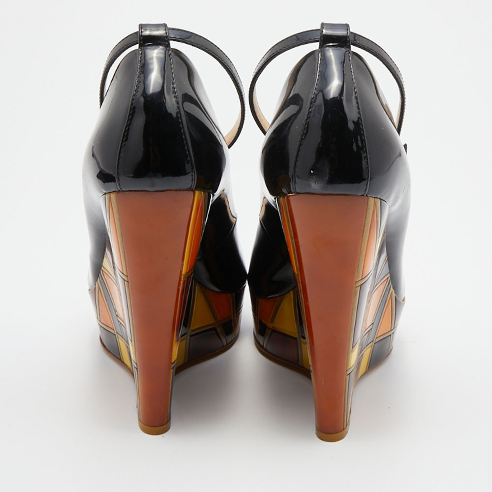 Giuseppe Zanotti Black Patent Leather Platform Wedge Open Toe Pumps Size 39