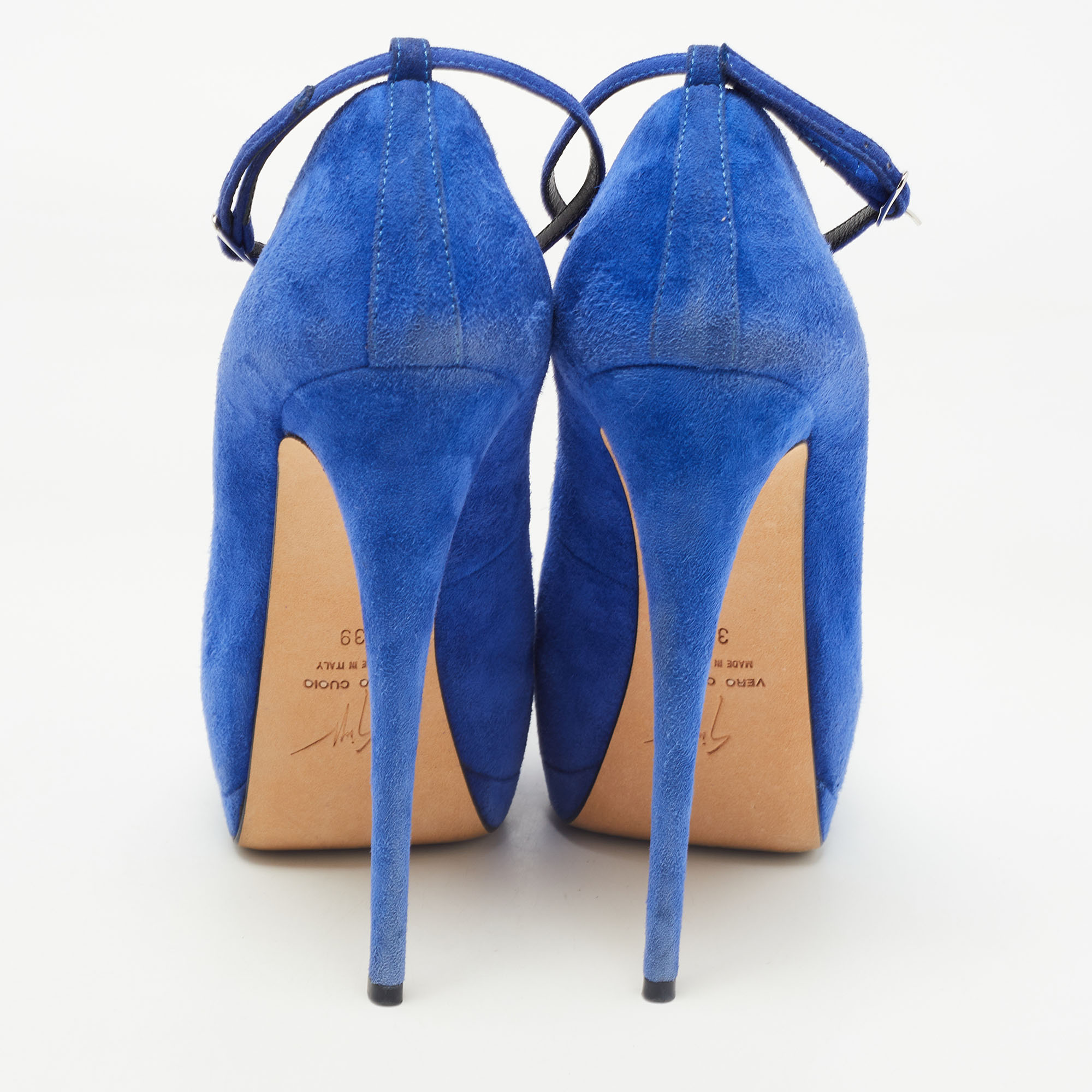 Giuseppe Zanotti Blue Suede Flower Applique Peep Toe Platform Ankle Strap Pumps Size 39