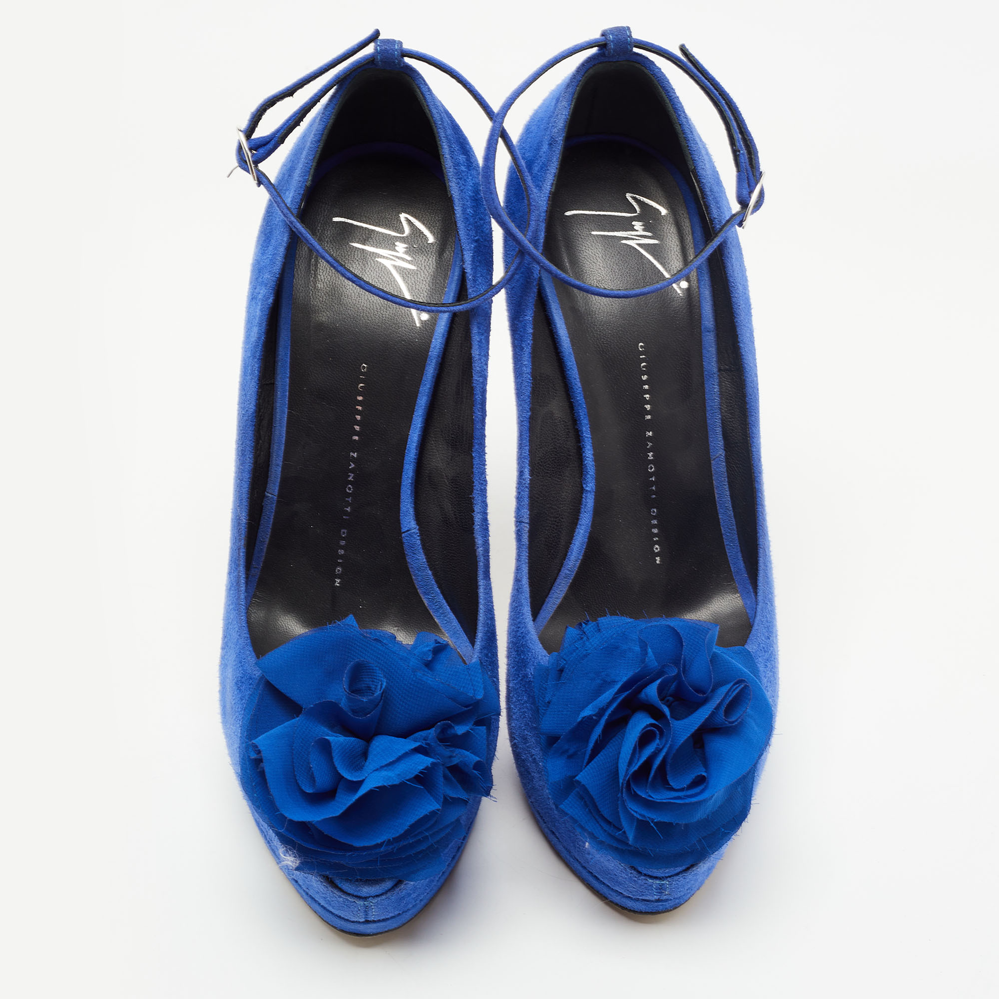 Giuseppe Zanotti Blue Suede Flower Applique Peep Toe Platform Ankle Strap Pumps Size 39