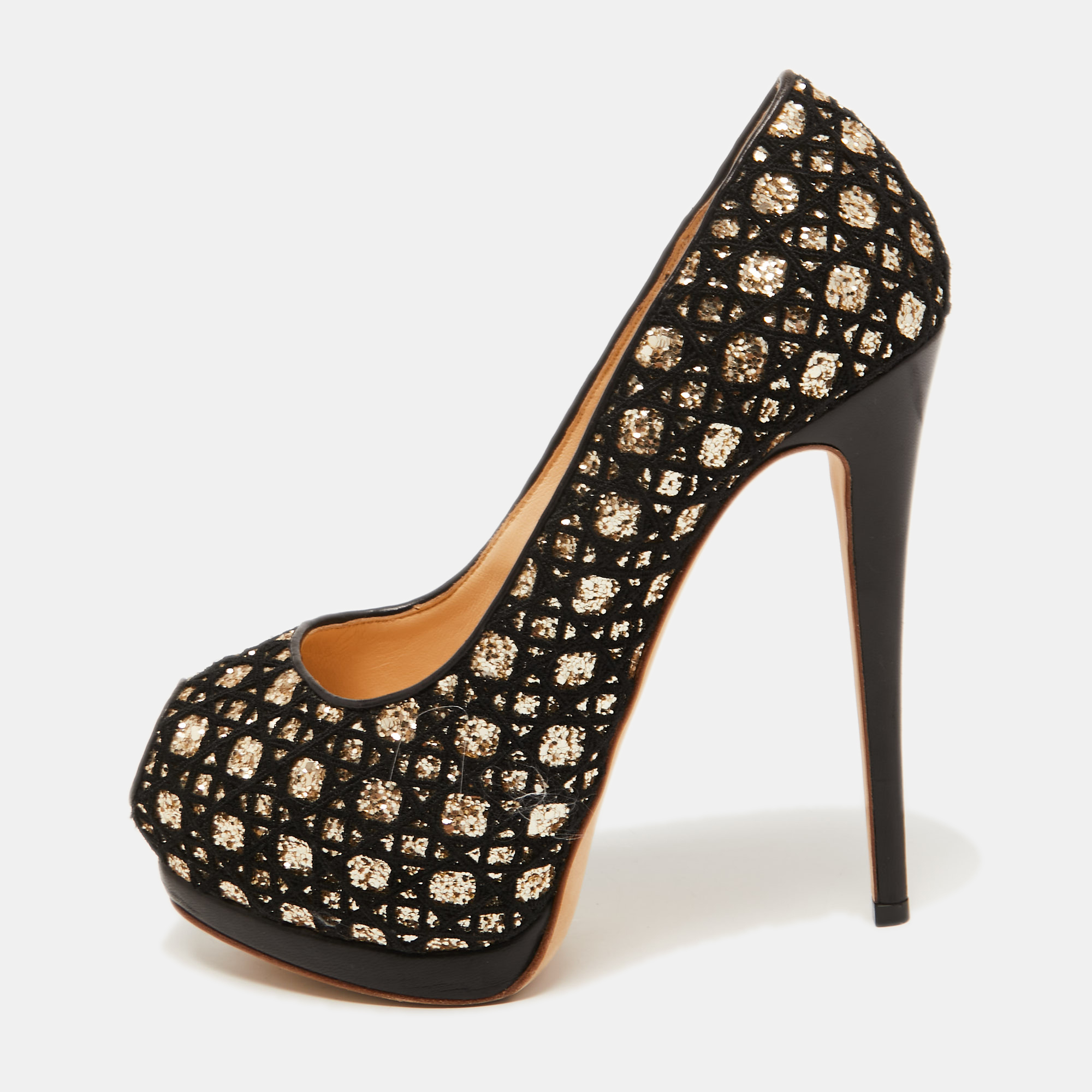Giuseppe Zanotti Black/Gold Lace And Glitter Sharon Peep Toe Pumps Size 38.5
