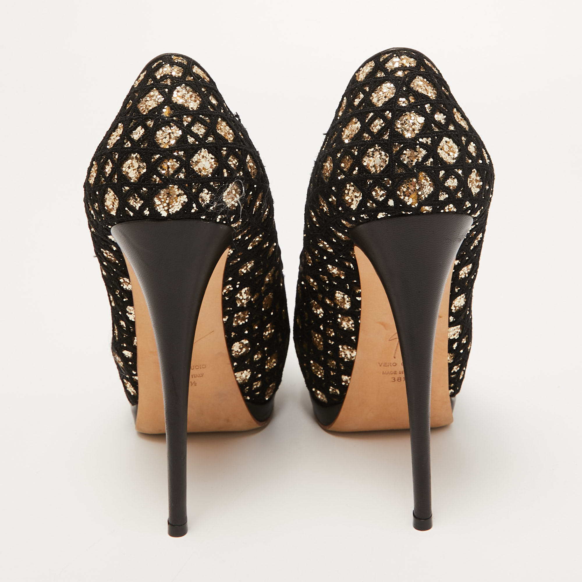 Giuseppe Zanotti Black/Gold Lace And Glitter Sharon Peep Toe Pumps Size 38.5