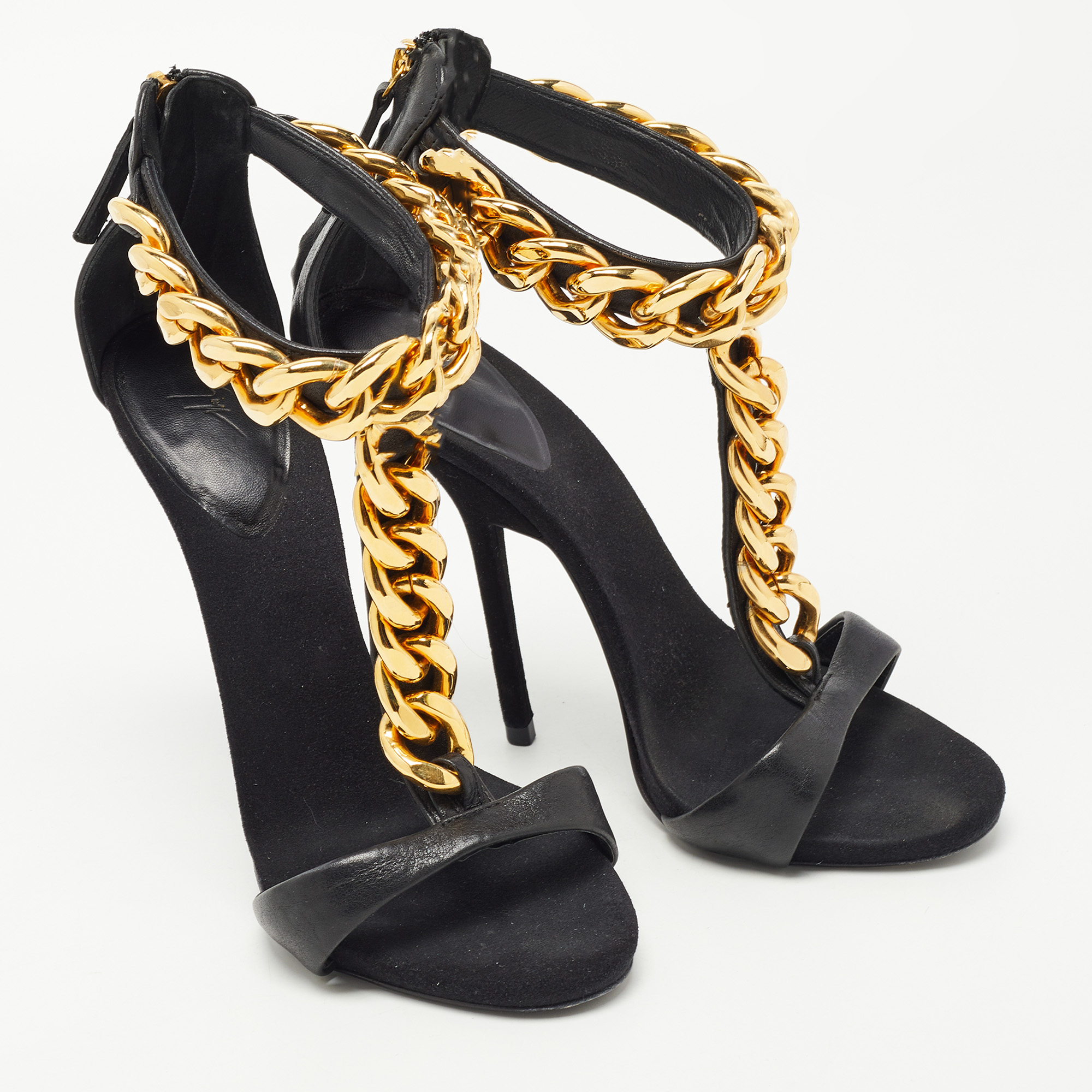 Giuseppe Zanotti Black Leather And Suede Chain T Strap Sandals Size 39
