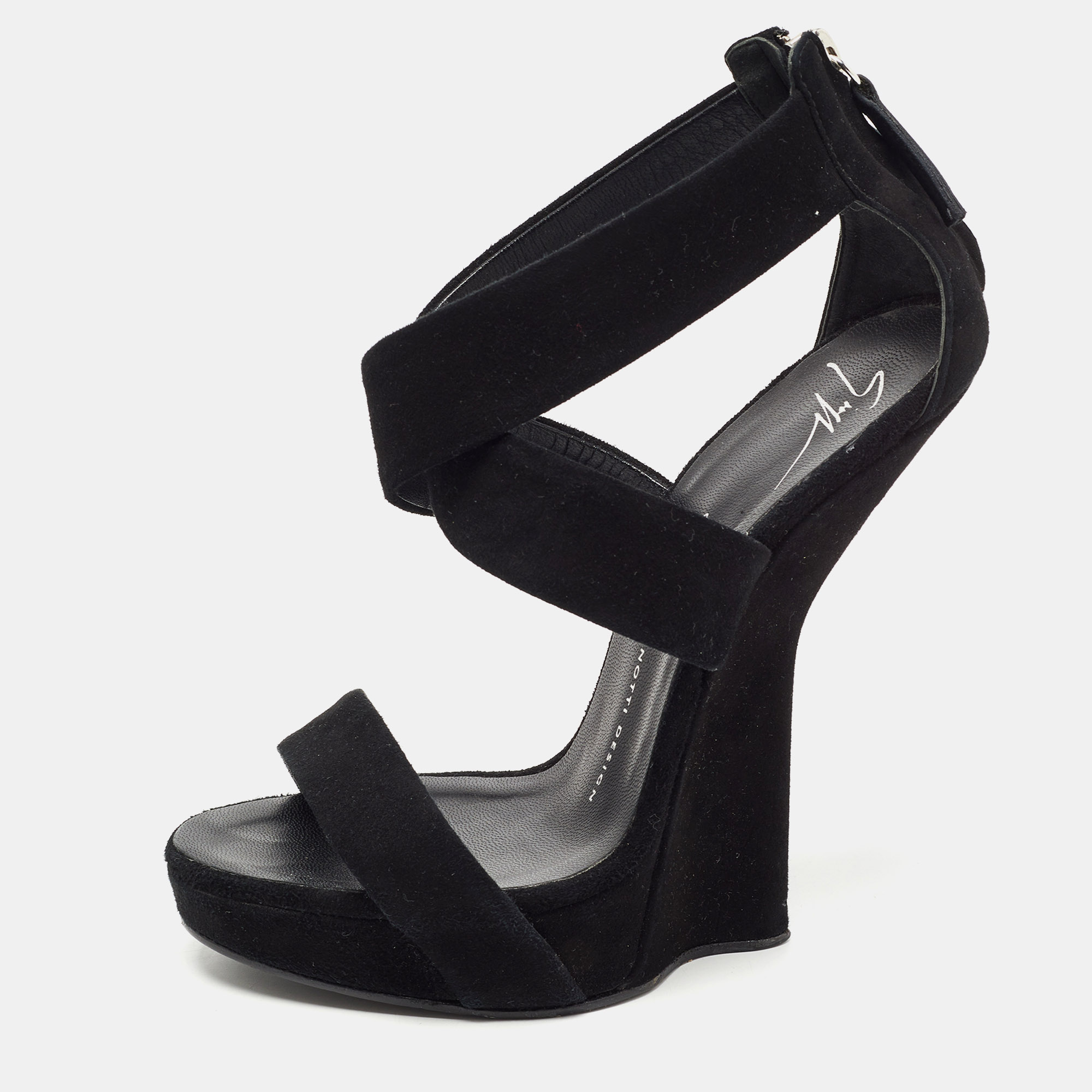 

Giuseppe Zanotti Black Suede Ankle Wrap Wedge Sandals Size