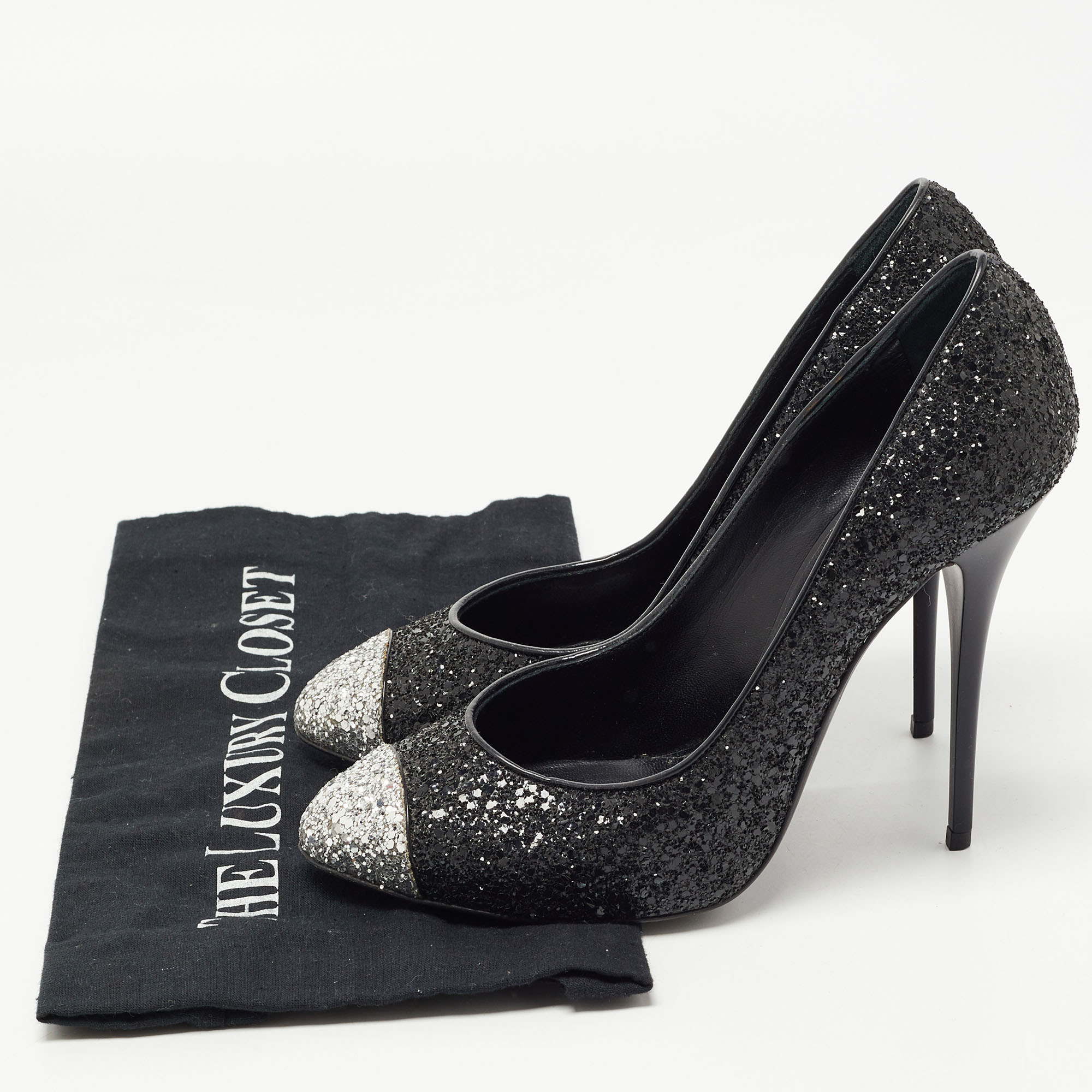 Giuseppe Zanotti Black/Silver Coarse Glitter Cap Toe Pumps Size 39