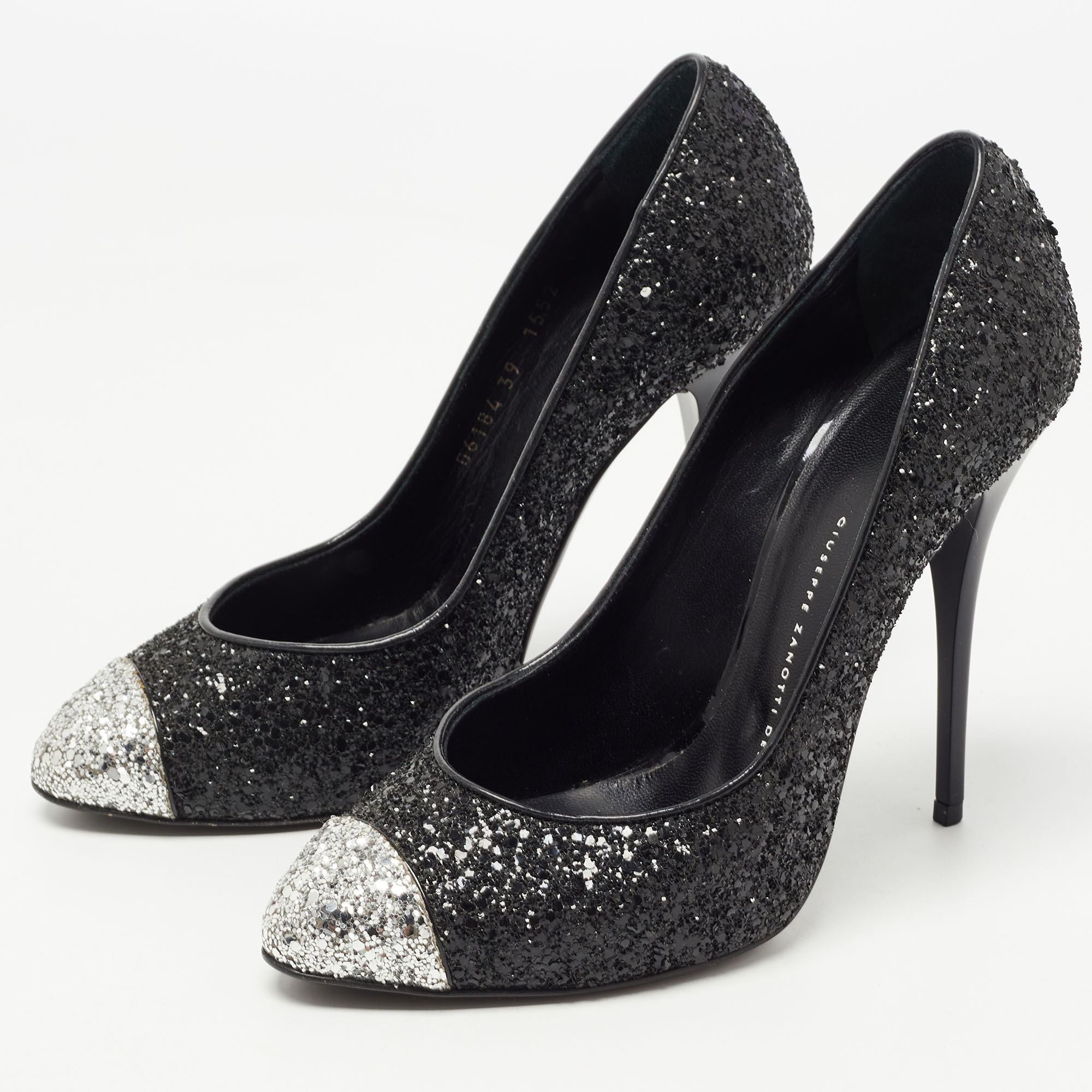 Giuseppe Zanotti Black/Silver Coarse Glitter Cap Toe Pumps Size 39