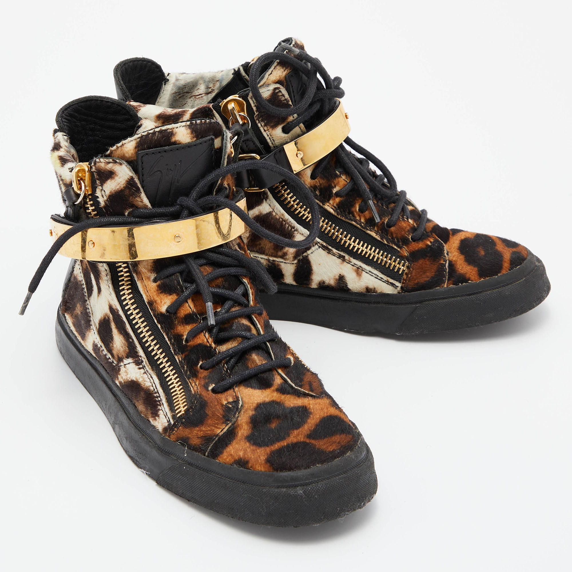 Giuseppe Zanotti Brown/Black Leopard Print Calfhair Lace Up High Top Sneakers 37