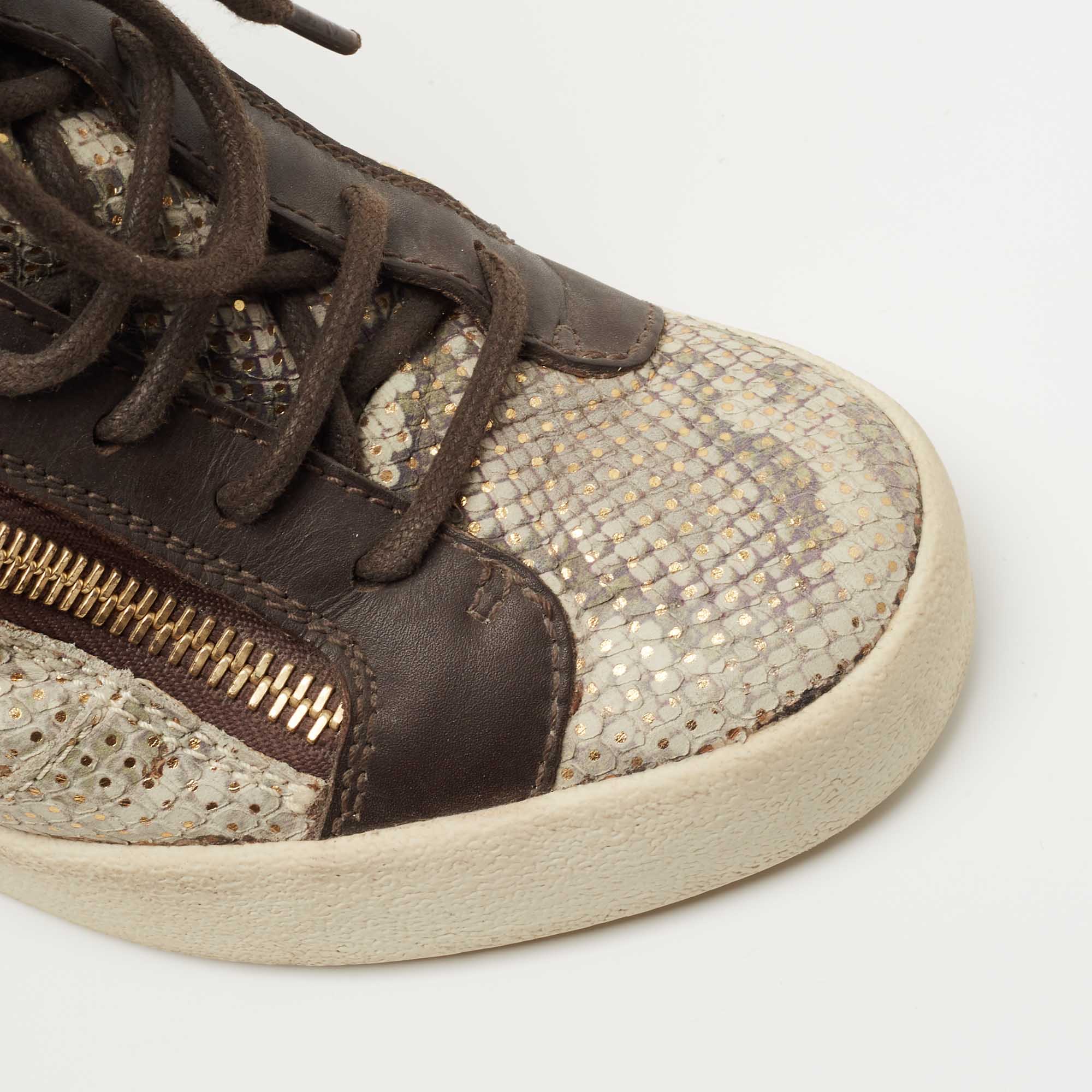 Giuseppe Zanotti Beige/Brown Embossed Python And Leather High Top Wedge Sneakers Size 38