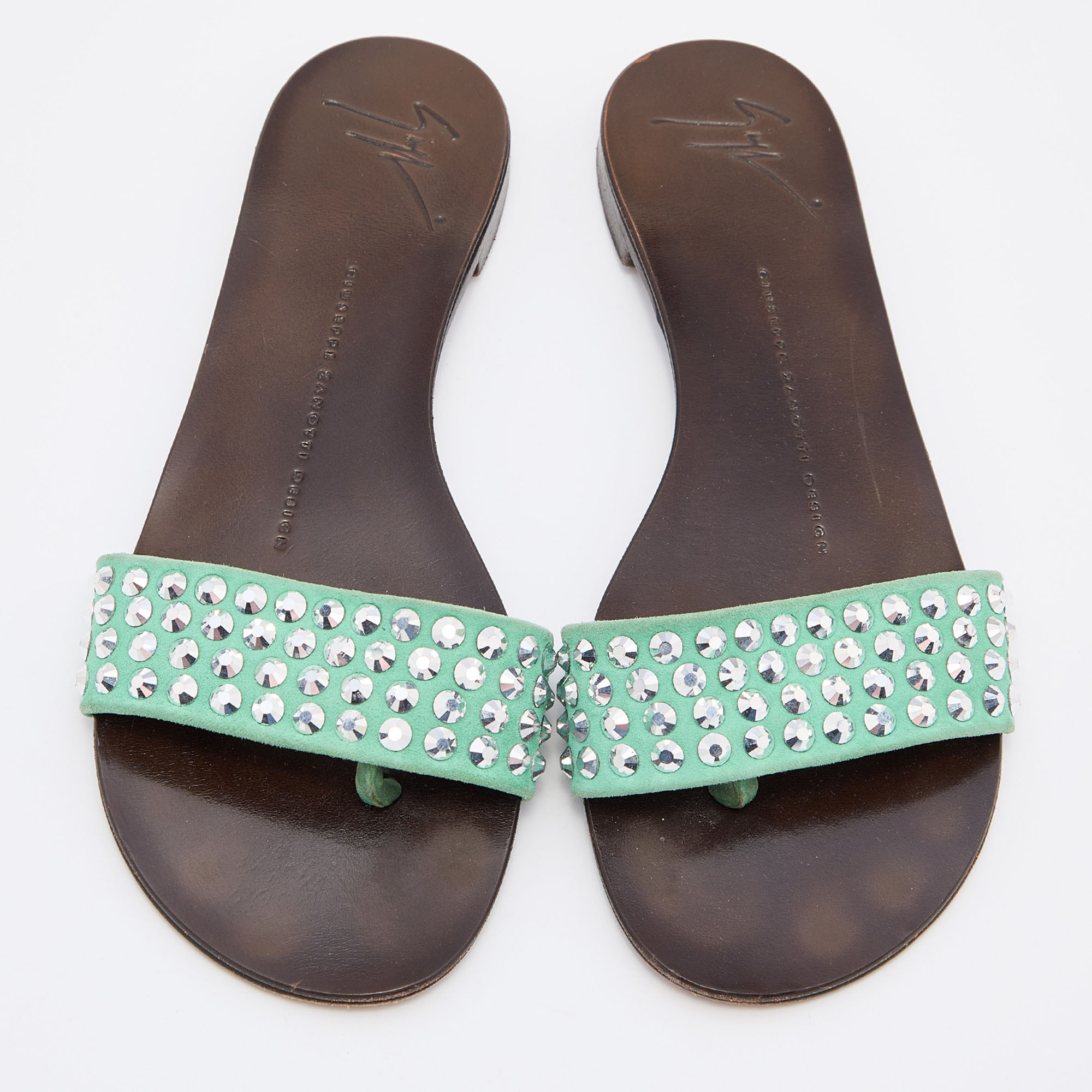 Giuseppe Zanotti Green Suede Leather Crystal Embellished Flat Slides Size 36.5