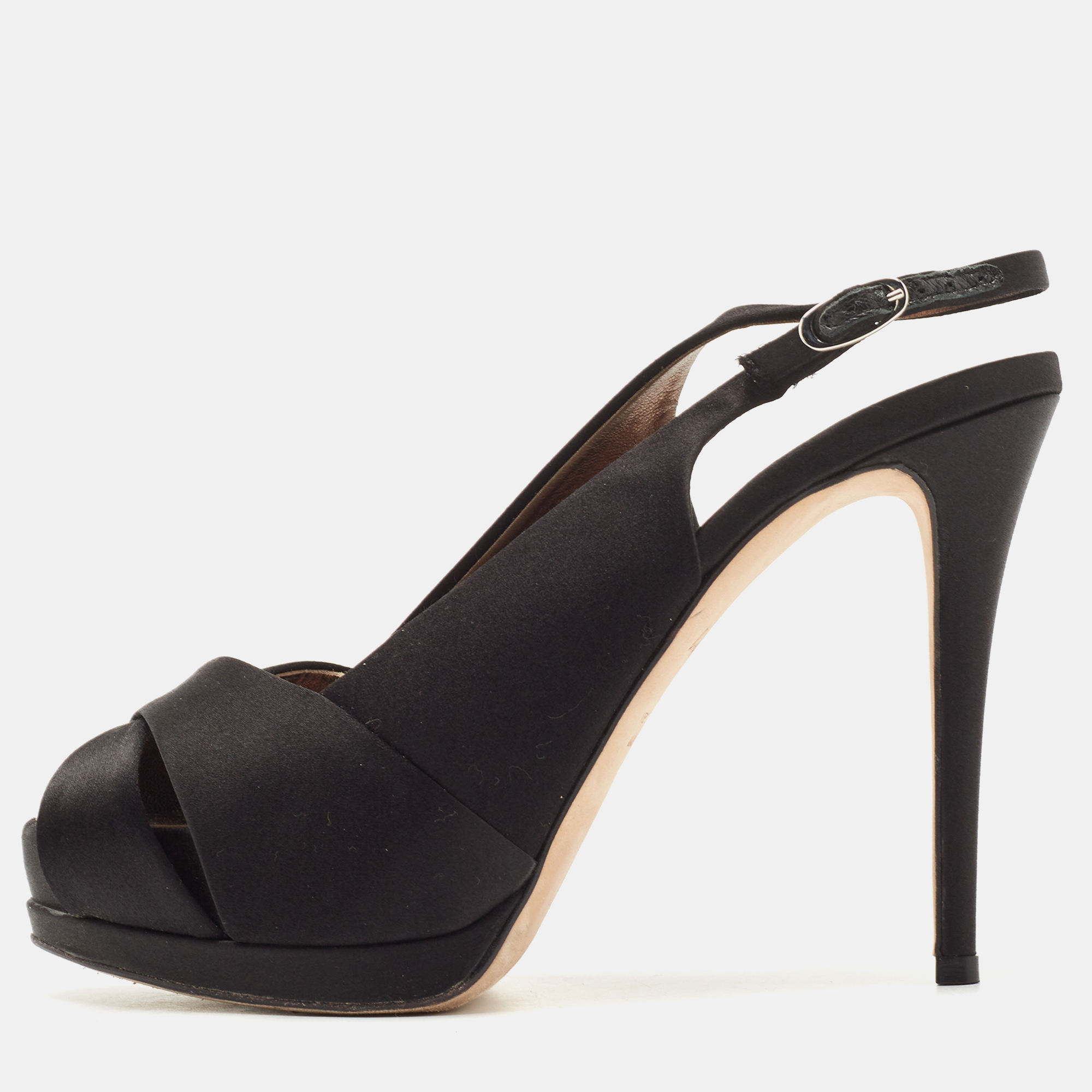 Giuseppe Zanotti Black Satin Peep Toe Platform Slingback Sandals Size 38
