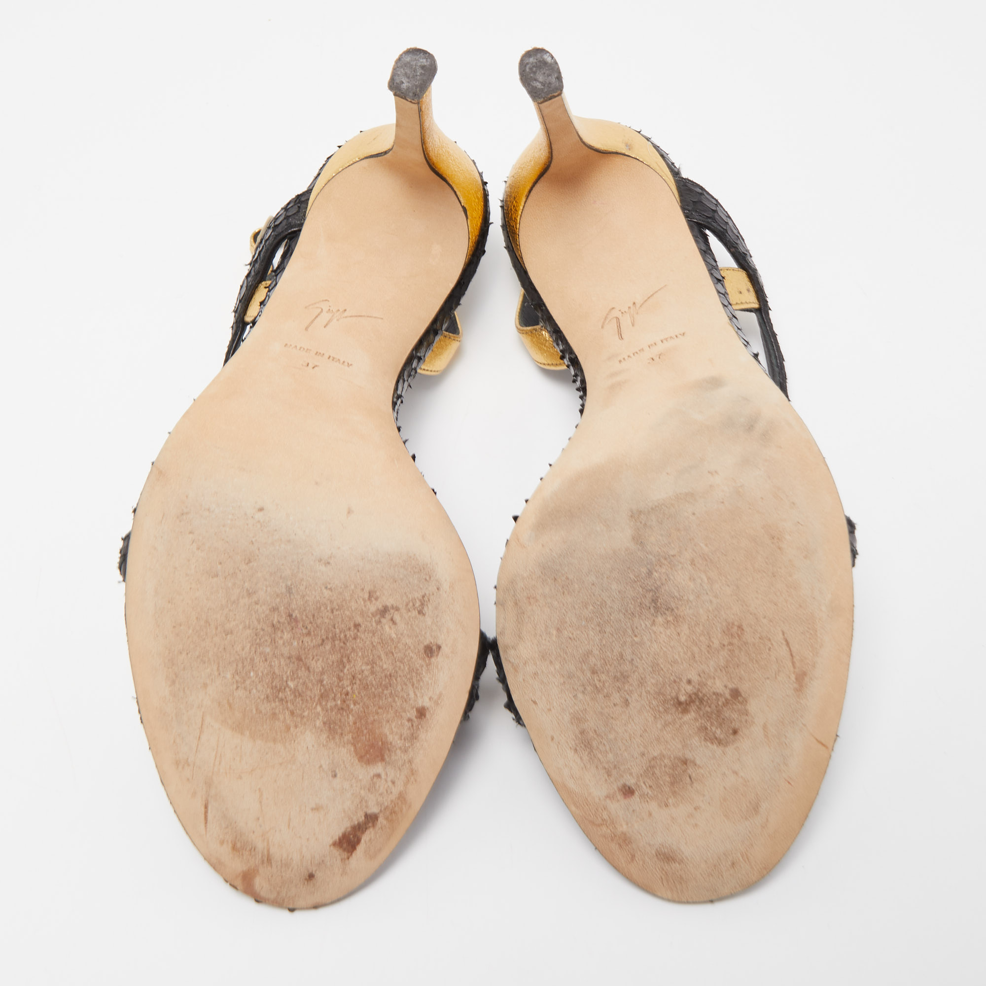 Giuseppe Zanotti Black/Gold Python Embossed And Leather Slingback Sandals Size 37