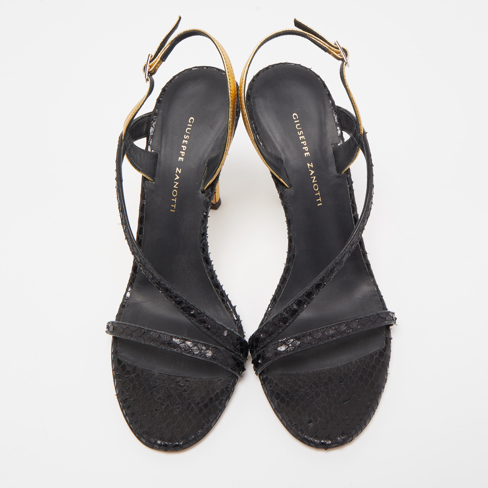 Giuseppe Zanotti Black/Gold Python Embossed And Leather Slingback Sandals Size 37