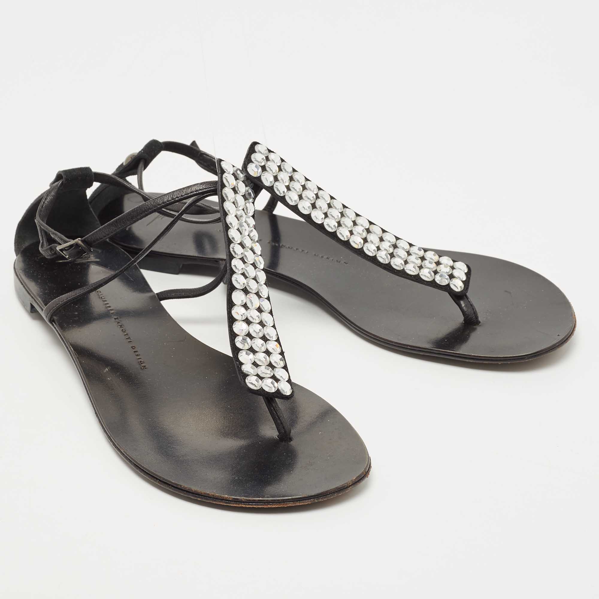 Giuseppe Zanotti Silver/Black Leather And Crystal Ankle Strap Flats Size 40