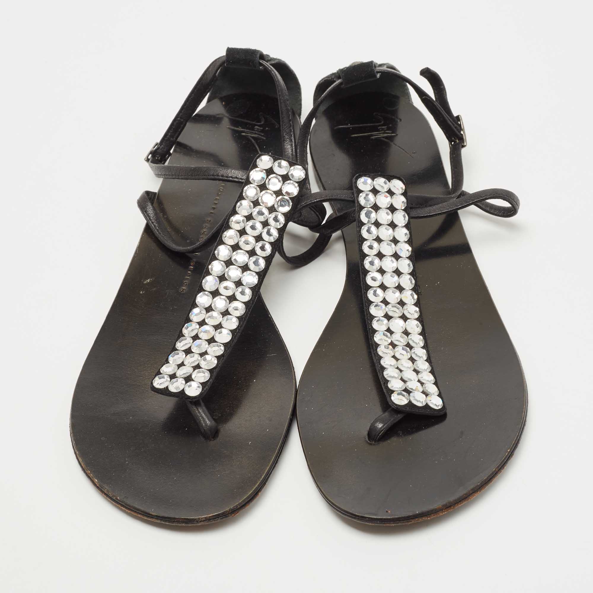 Giuseppe Zanotti Silver/Black Leather And Crystal Ankle Strap Flats Size 40