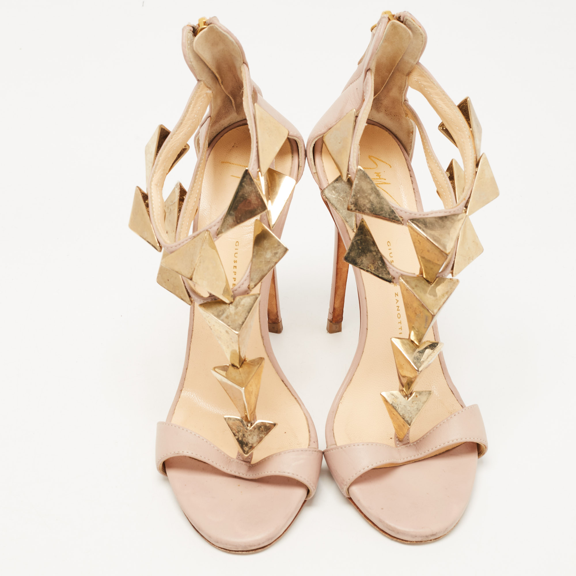 Giuseppe Zanotti Beige Leather Pyramid Studs Embellished Sandals Size 37