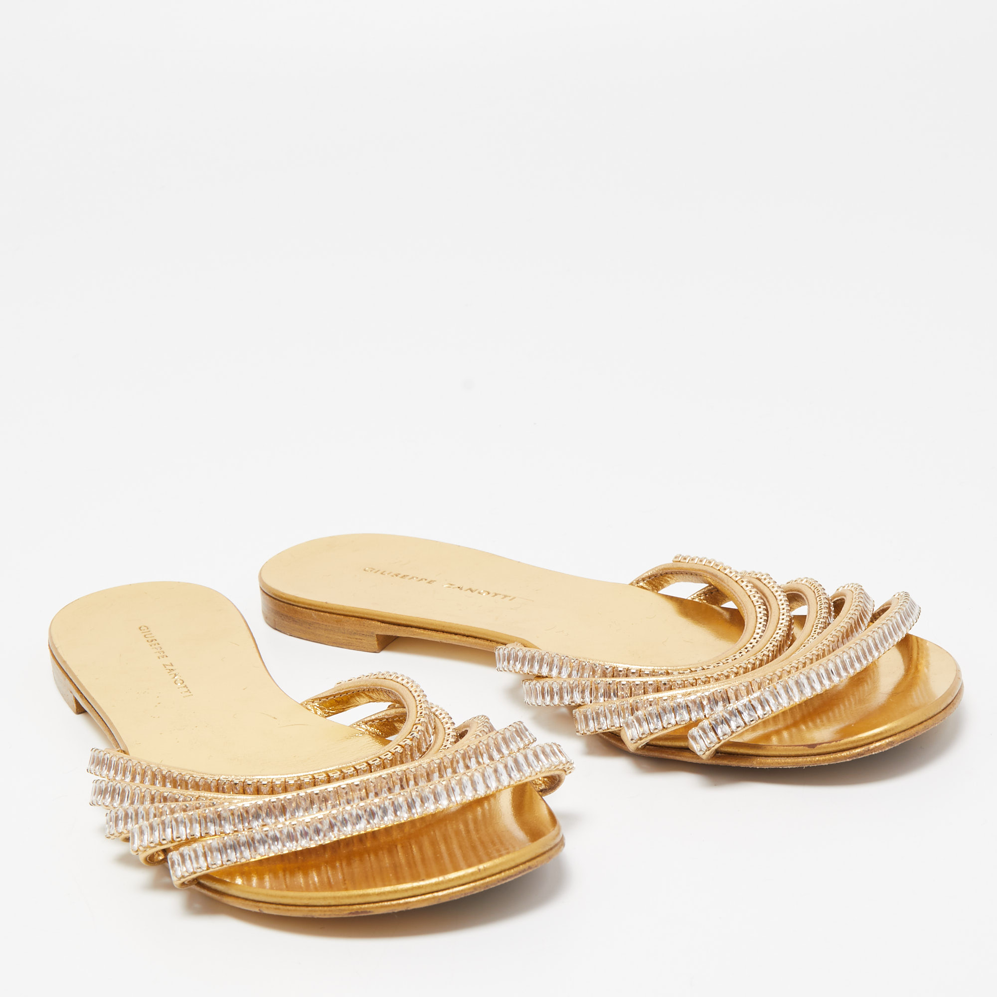 Giuseppe Zanotti Gold Crystal Embellished Leather Flat Slides Size 38.5
