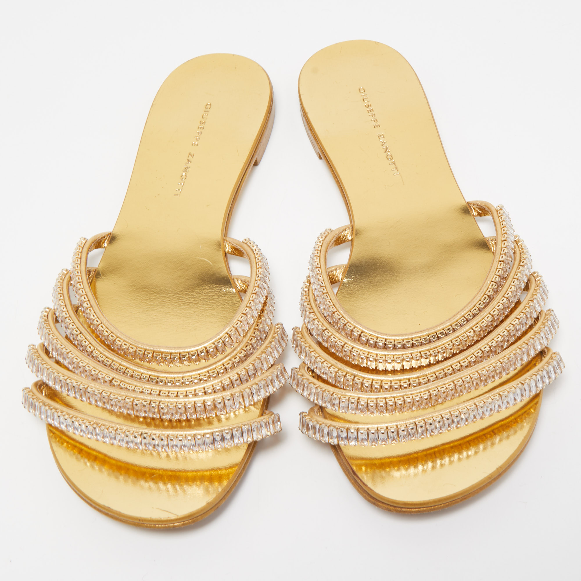 Giuseppe Zanotti Gold Crystal Embellished Leather Flat Slides Size 38.5