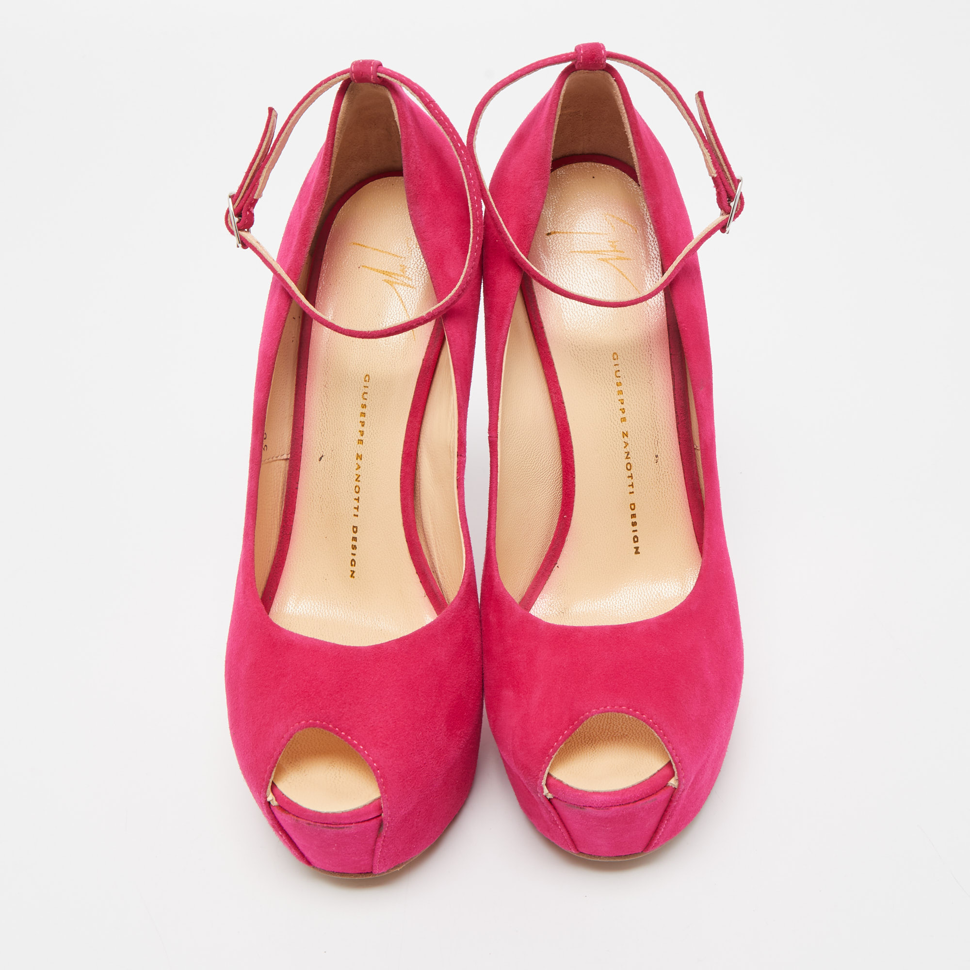 Giuseppe Zanotti Pink Suede Peep Toe Platform Heel Less Ankle Strap Pumps Size 39.5