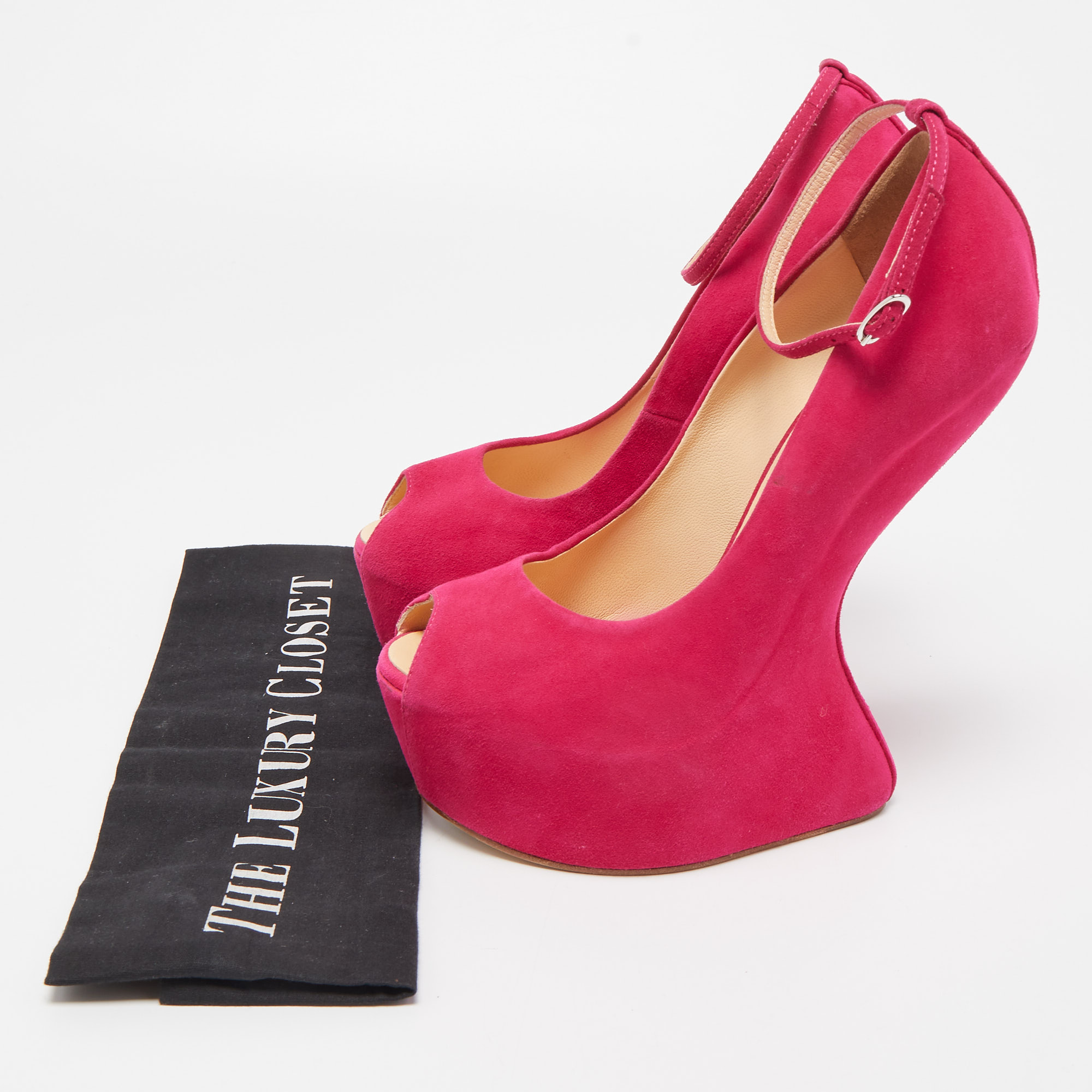 Giuseppe Zanotti Pink Suede Peep Toe Platform Heel Less Ankle Strap Pumps Size 39.5