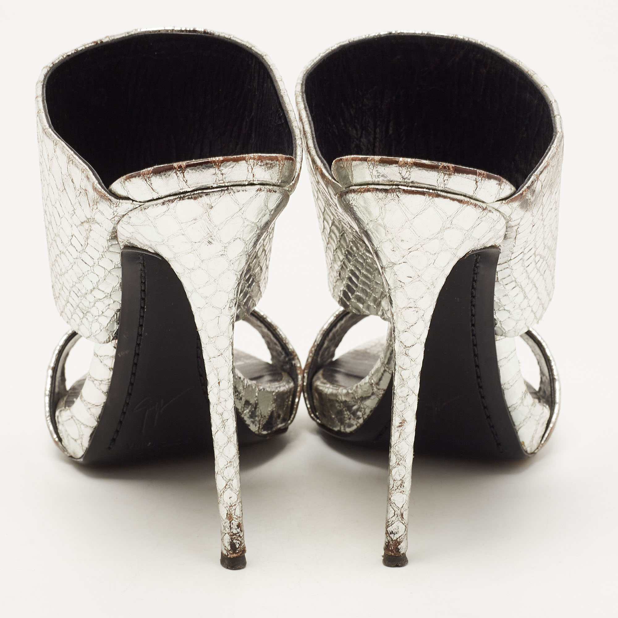 Giuseppe Zanotti Silver Python Embossed Leather Andrea Sandals Size 38.5