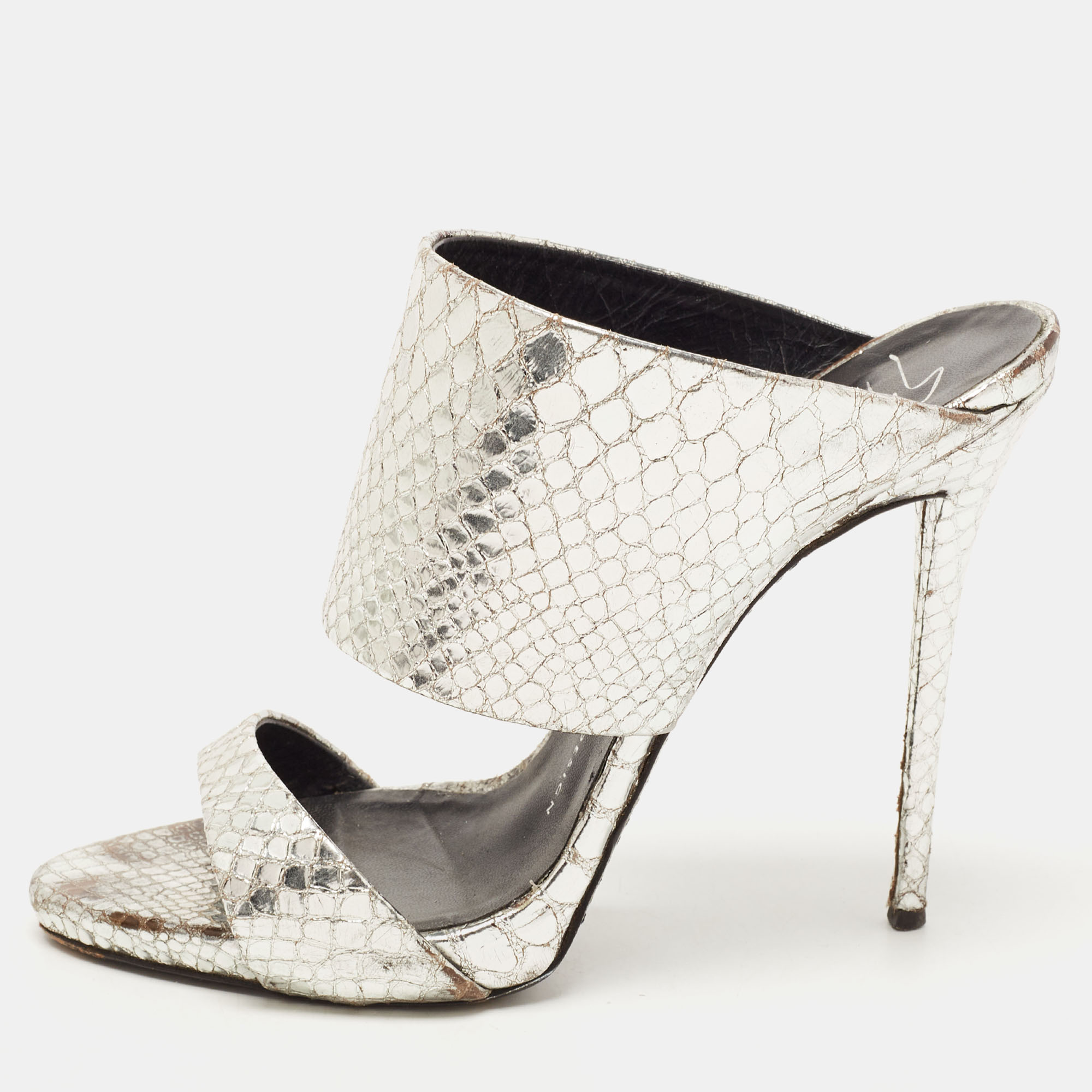 Giuseppe Zanotti Silver Python Embossed Leather Andrea Sandals Size 38.5