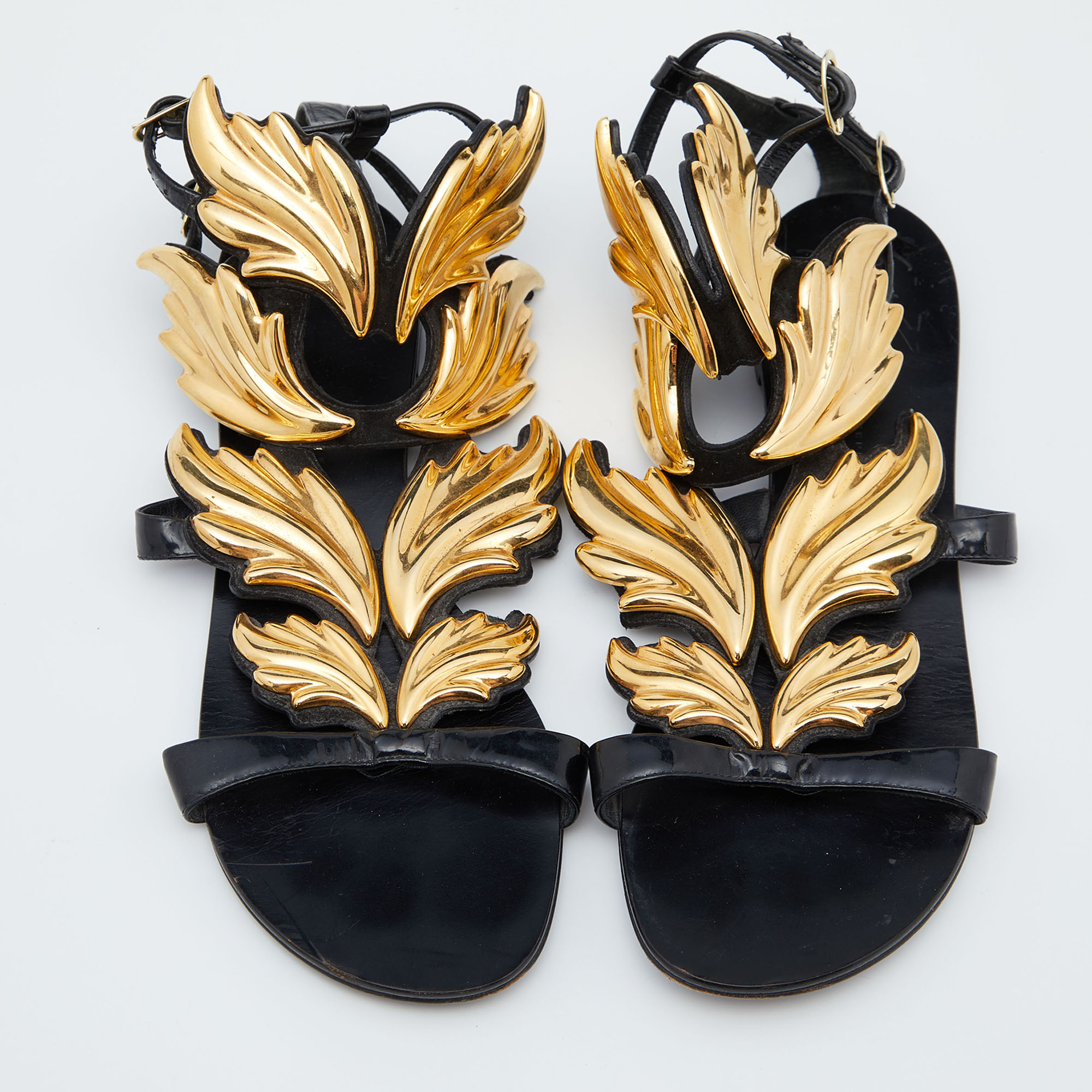 Giuseppe Zanotti Black/Gold Patent Leather Cruel Ankle Strap Flats Size 37