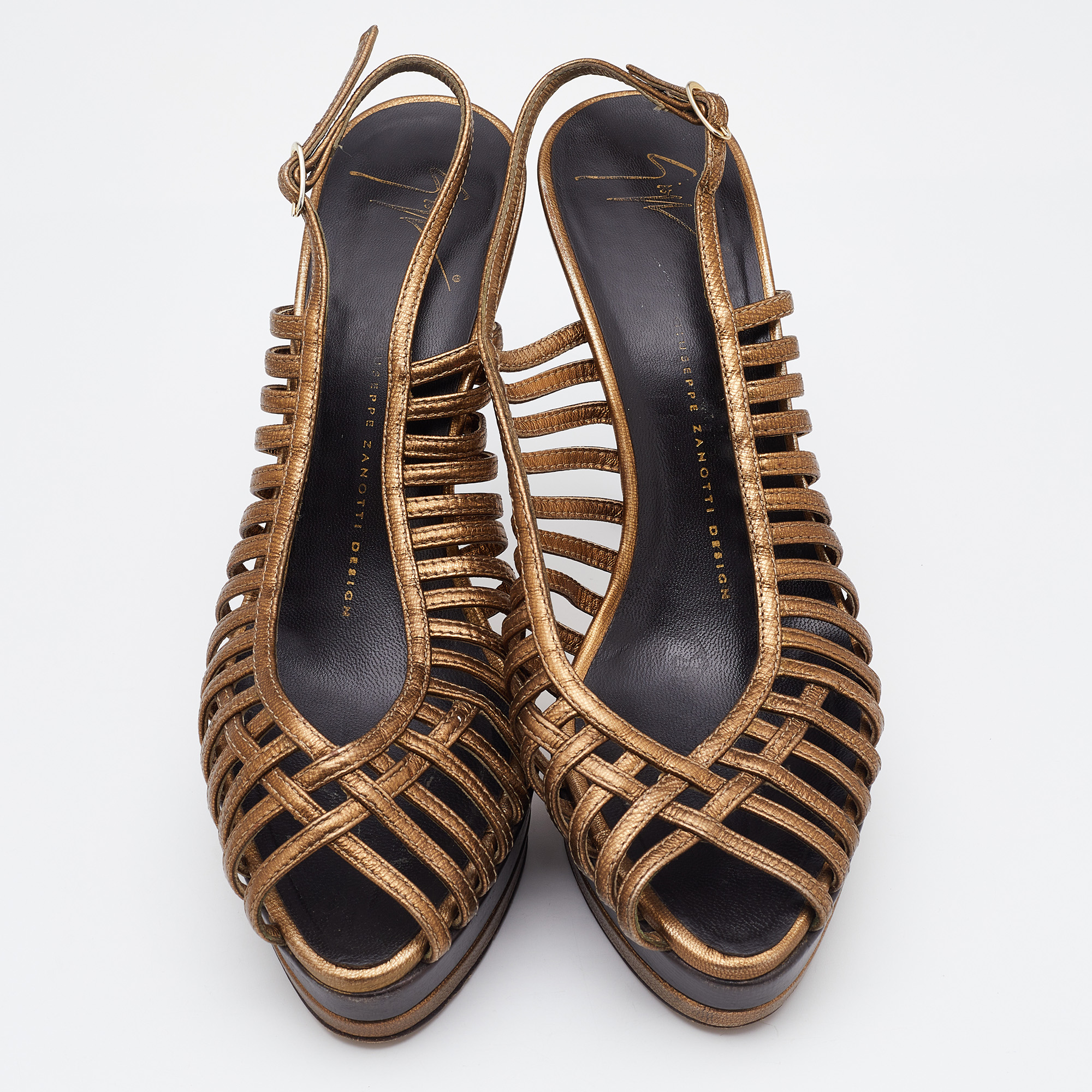 Giuseppe Zanotti Gold/Brown Leather Strappy Platform Sandals Size 39