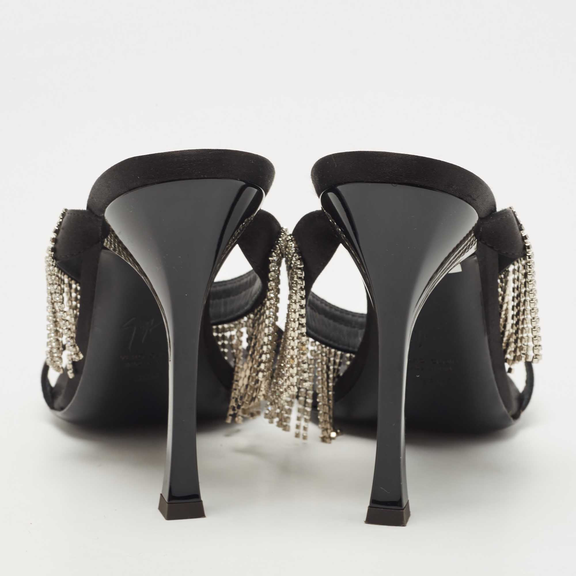 Giuseppe Zanotti Black Satin Crystal Fringe Slide Sandals Size 38.5