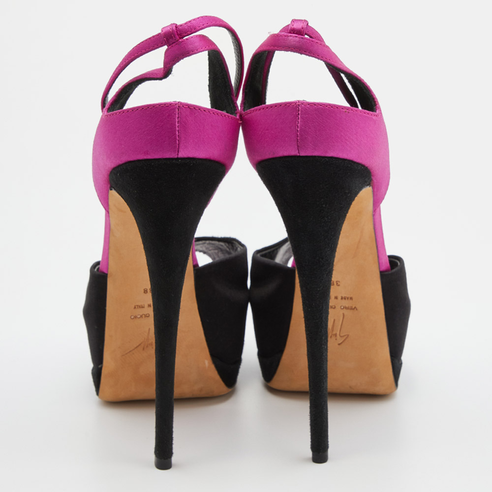 Giuseppe Zanotti Black/Pink Satin And Suede Peep Toe Platform Ankle Sandals Size 38