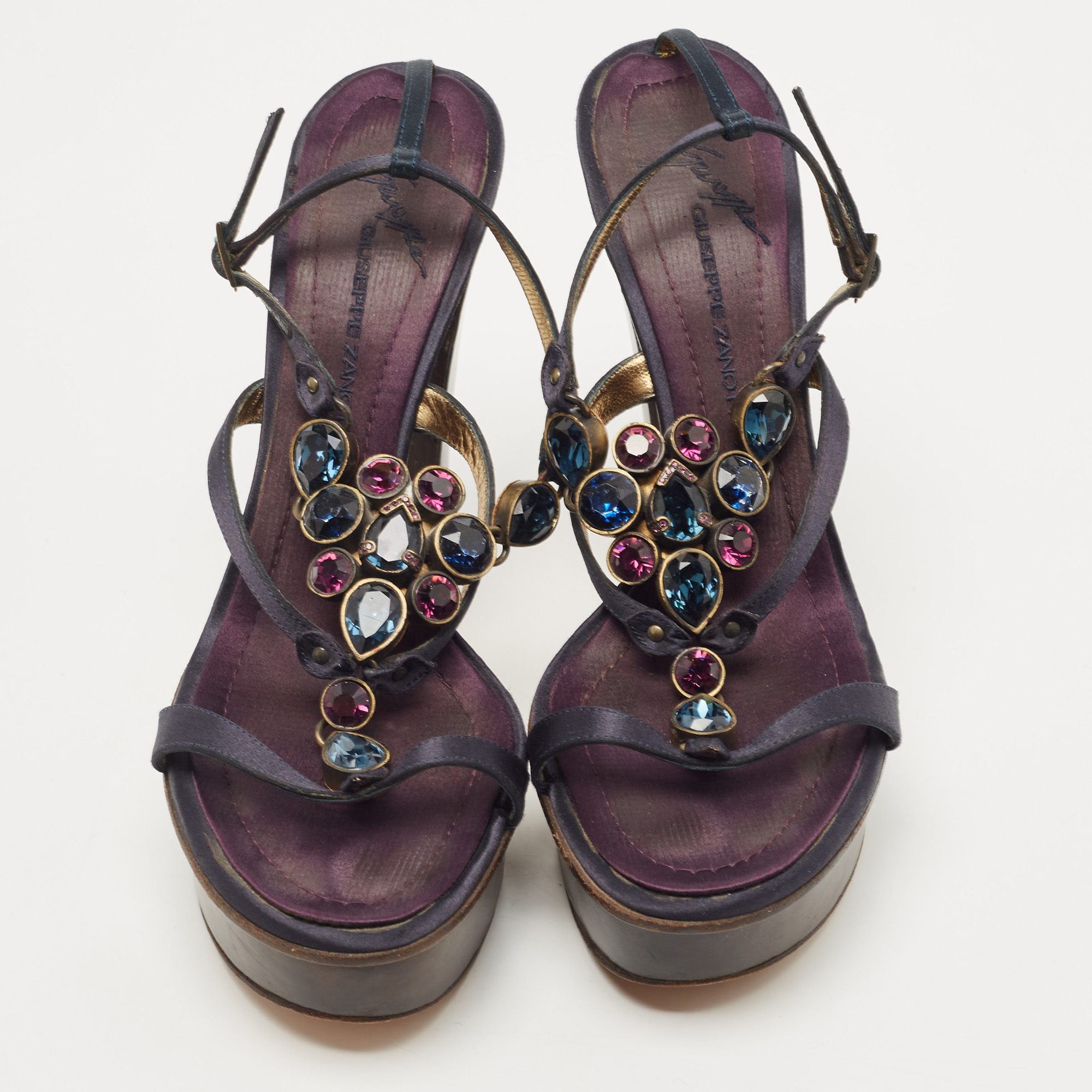 Giuseppe Zanotti Navy Blue Satin Crystal Embellished T-Strap Platform Sandals Size 39