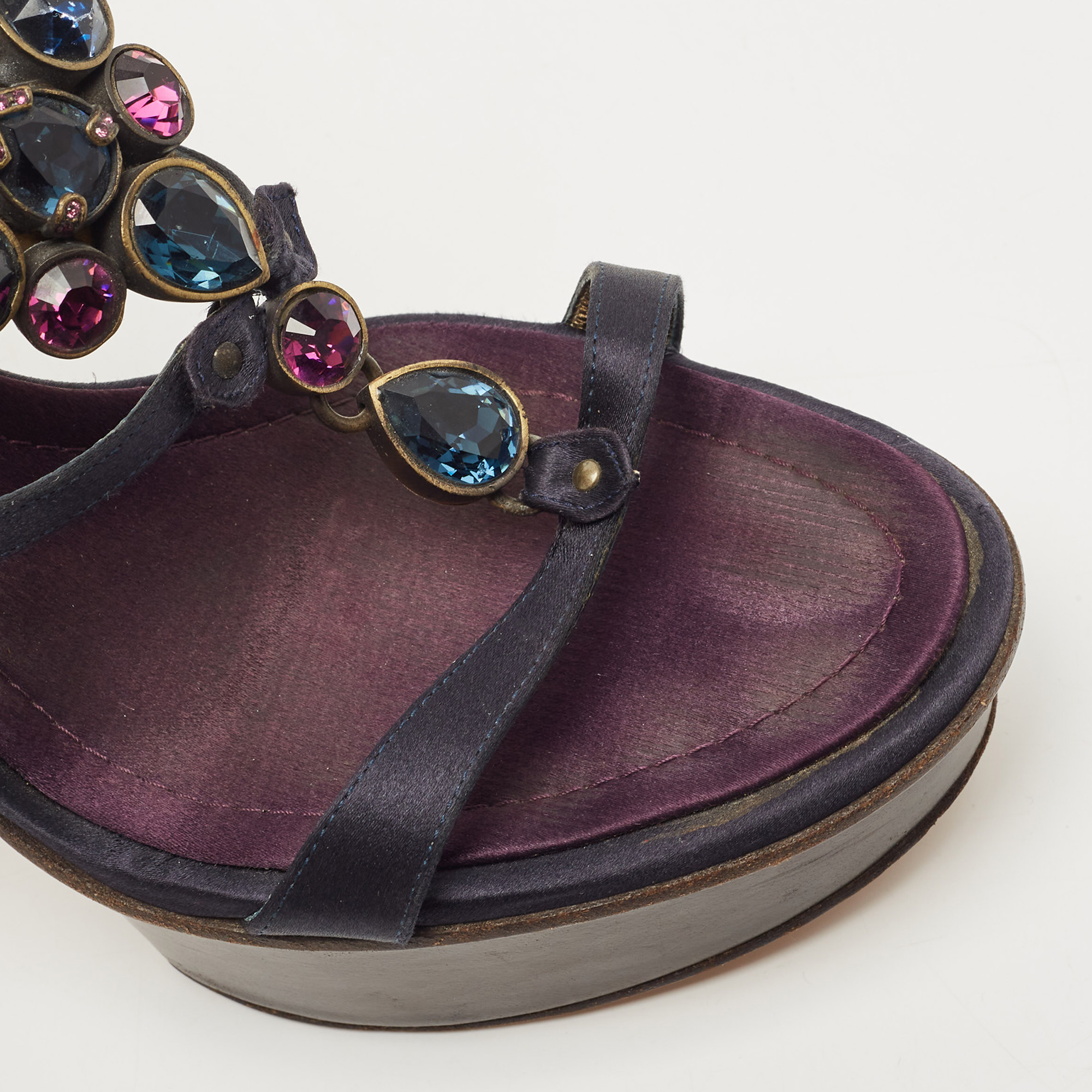 Giuseppe Zanotti Navy Blue Satin Crystal Embellished T-Strap Platform Sandals Size 39
