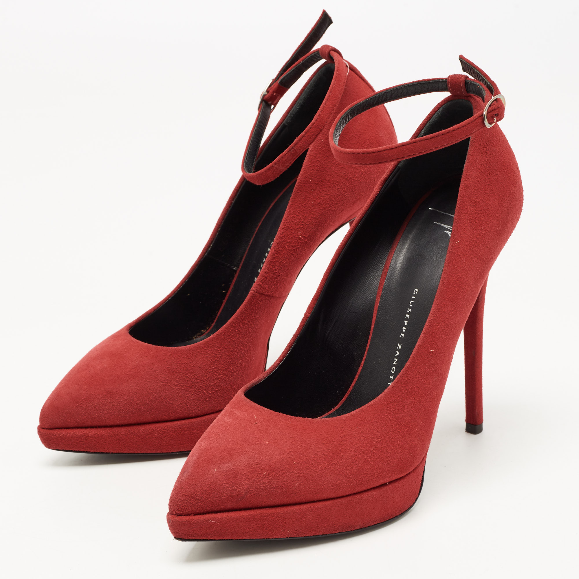 Giuseppe Zanotti Red Suede Ankle Strap Platform Pointed Toe Pumps Size 37