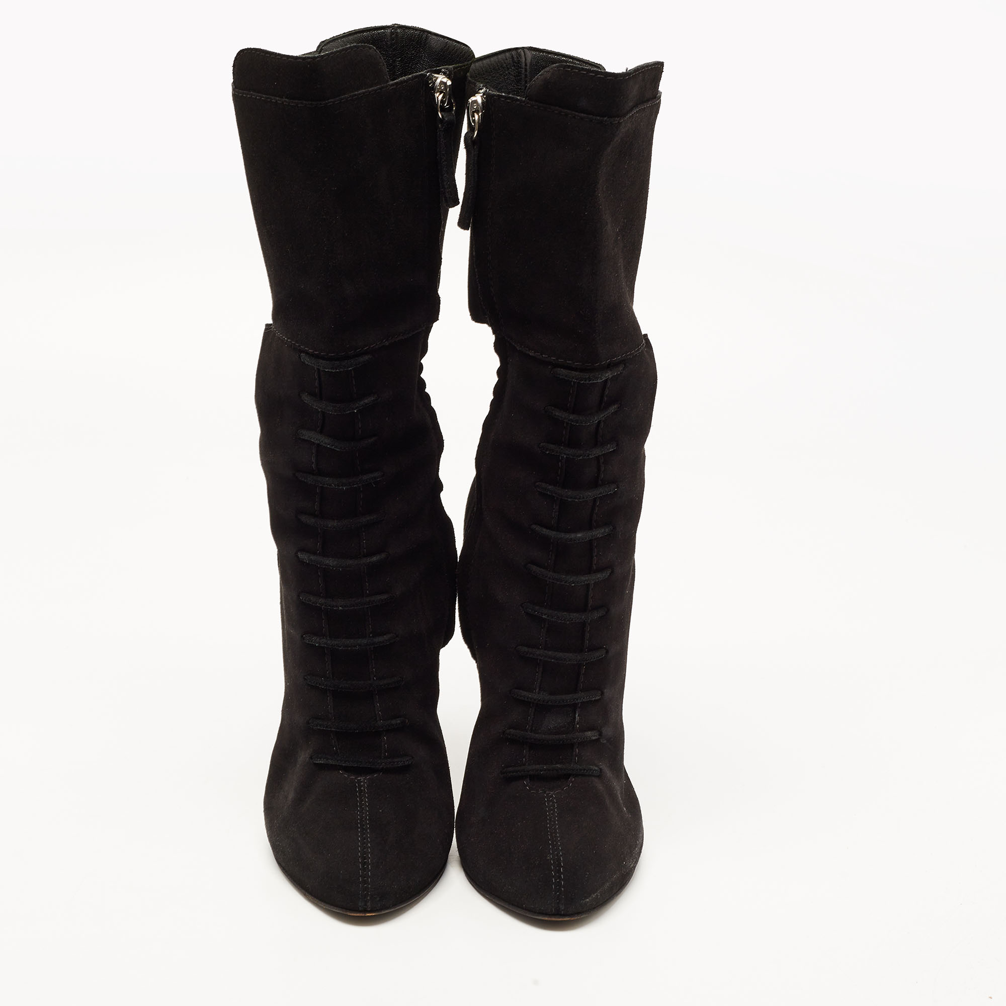 Giuseppe Zanotti Black Suede Crystals Embellished Mid Calf Boots Size 40