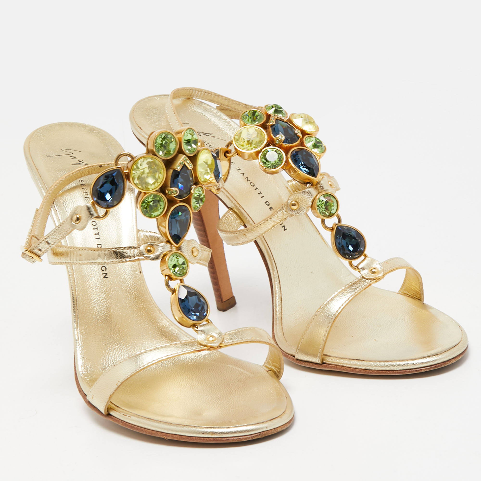 Giuseppe Zanotti Gold Leather Crystal Embellished Ankle Strap Sandals Size 39